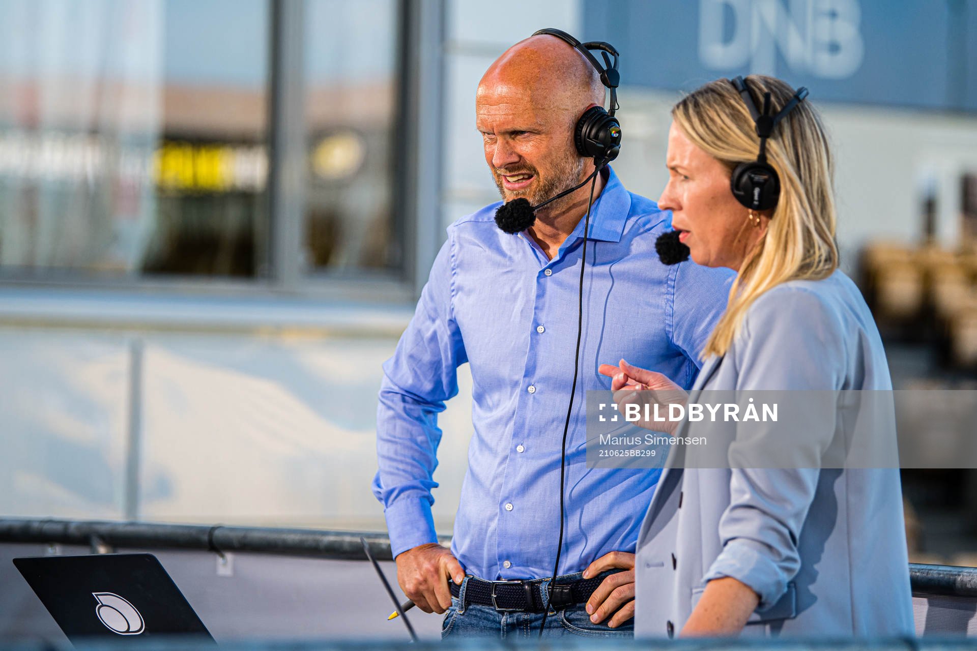 Joacim Jonsson and Anne Sturød of Eurosport ahead of the Eliteserien match between Lillestrøm and Rosenborg on June 25, 2021 in Lillestrøm.