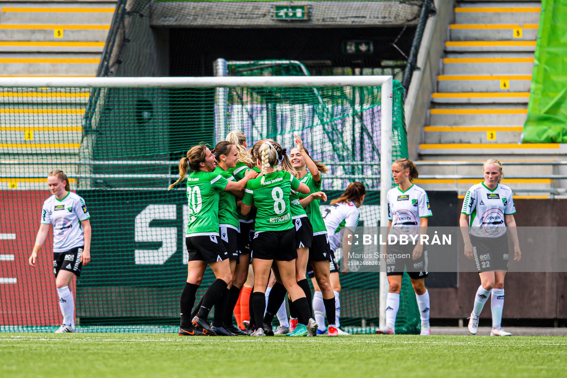 Kari Nicole Johnston of Amazon Grimstad celebrates after scoring the 1-1 goal during the 1. divison football match between Hønefoss and Amazon Grimstad on June 26, 2021 in Hønefoss.