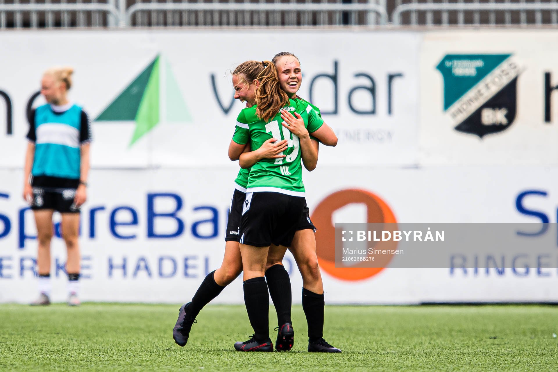 Vårin Kristina Vik of Amazon Grimstad celebrates after scoring the 1-2 goal during the 1. divison football match between Hønefoss and Amazon Grimstad on June 26, 2021 in Hønefoss.