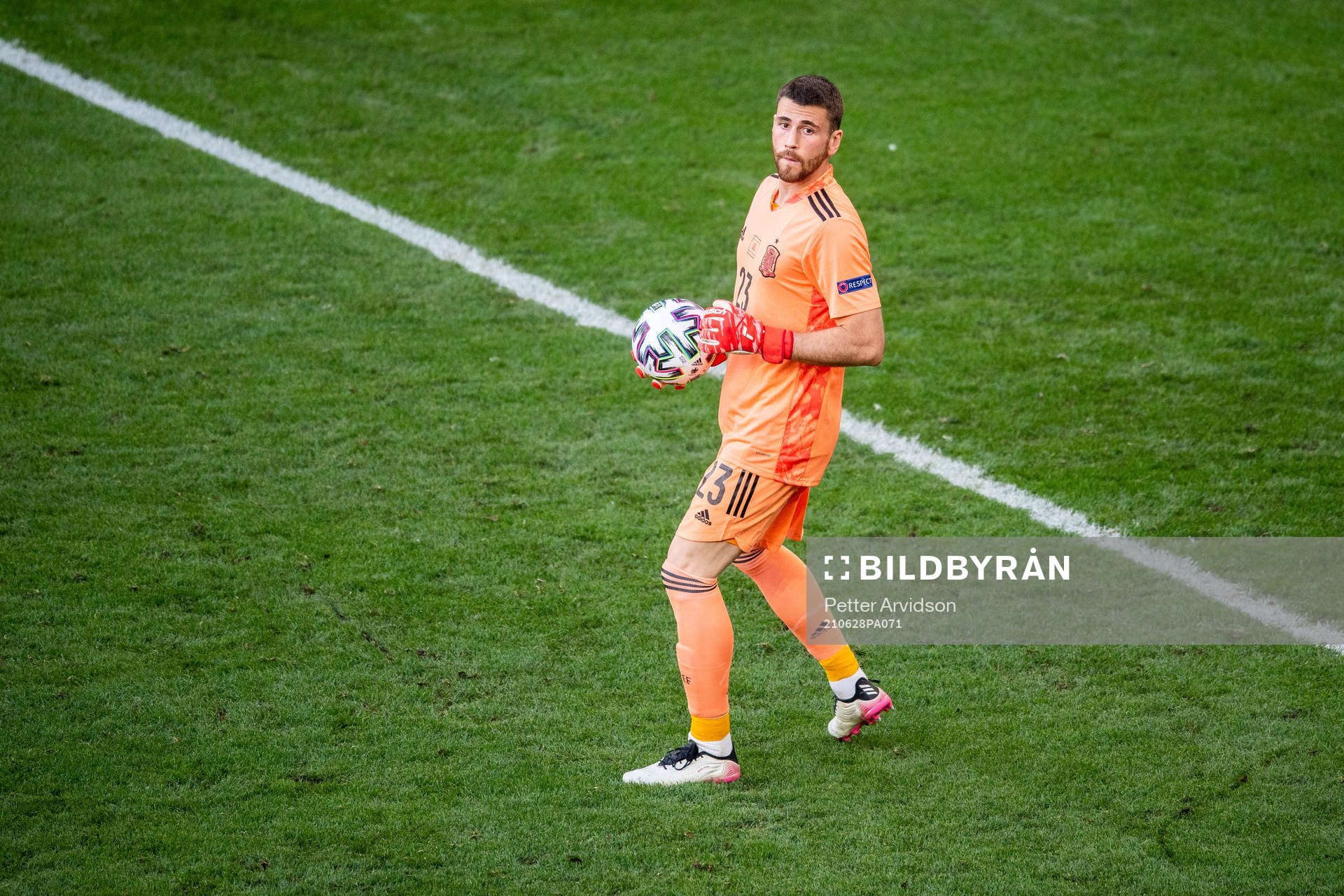 Goalkeeper Unai Simon of Spain during the UEFA Euro 2020 Football Championship round of 16 match between Croatia and Spain on June 28, 2021 in Copenhagen.