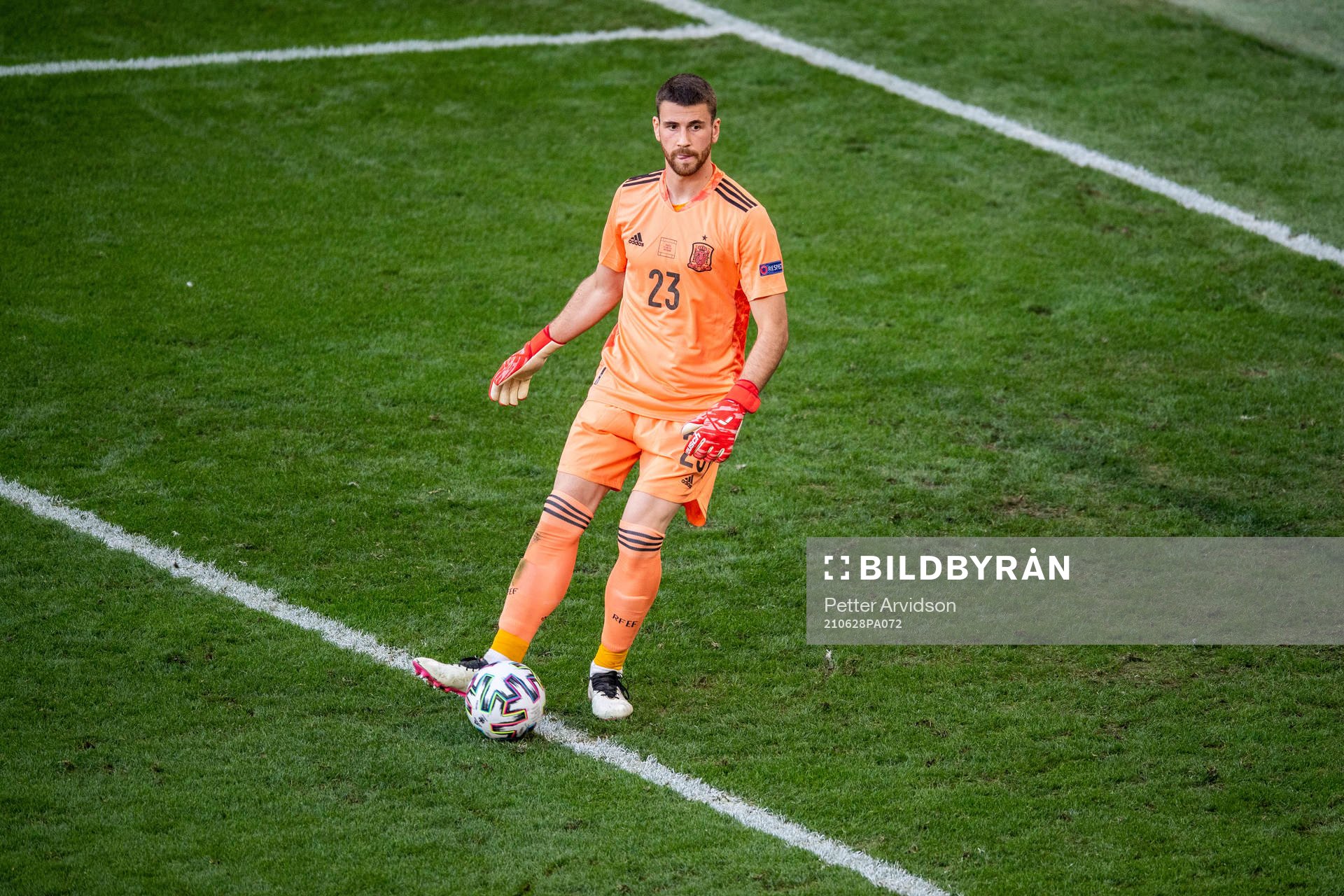 Goalkeeper Unai Simon of Spain during the UEFA Euro 2020 Football Championship round of 16 match between Croatia and Spain on June 28, 2021 in Copenhagen.