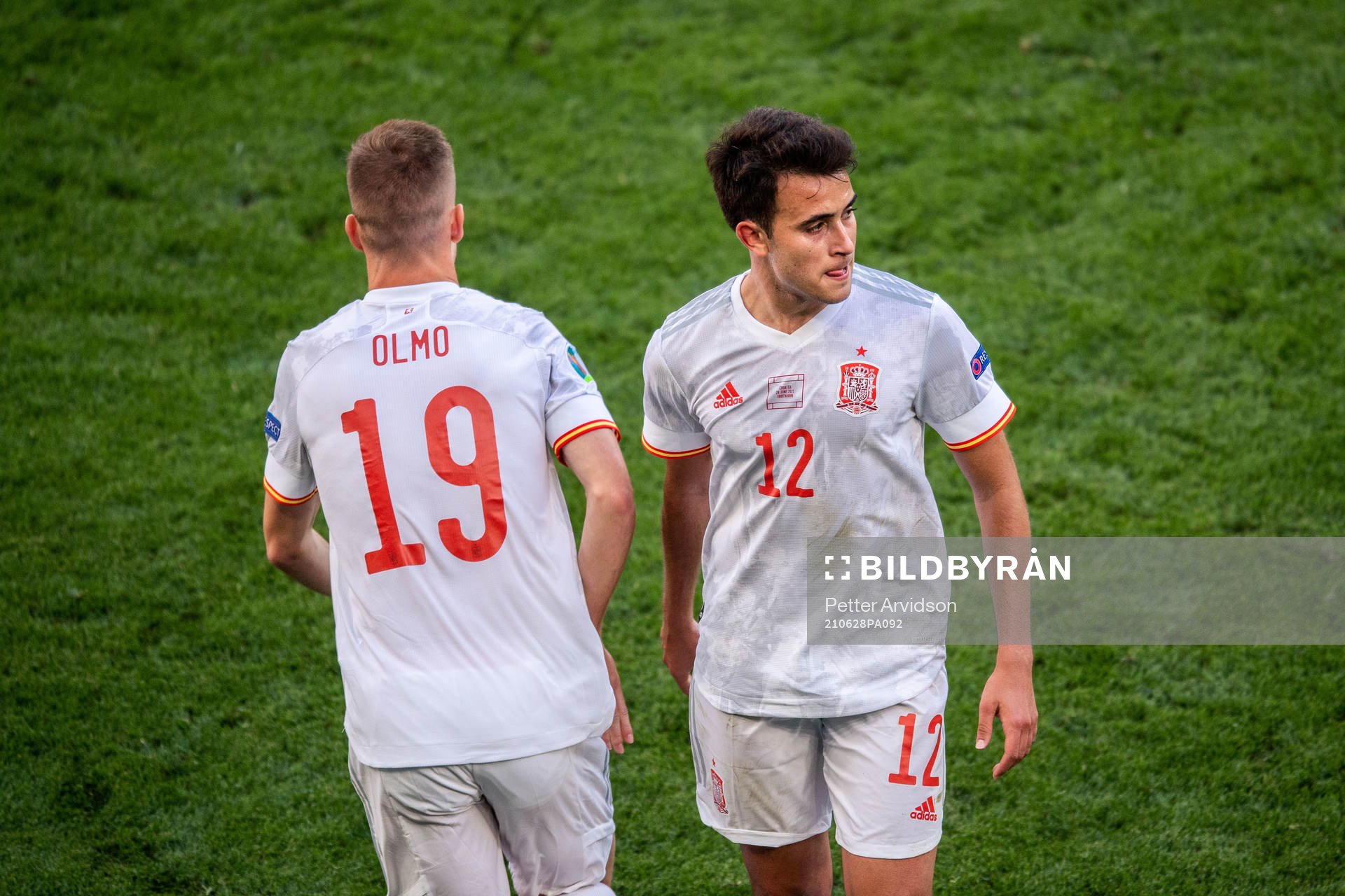 Dani Olmo and Eric Garcia of Spain during the UEFA Euro 2020 Football Championship round of 16 match between Croatia and Spain on June 28, 2021 in Copenhagen.