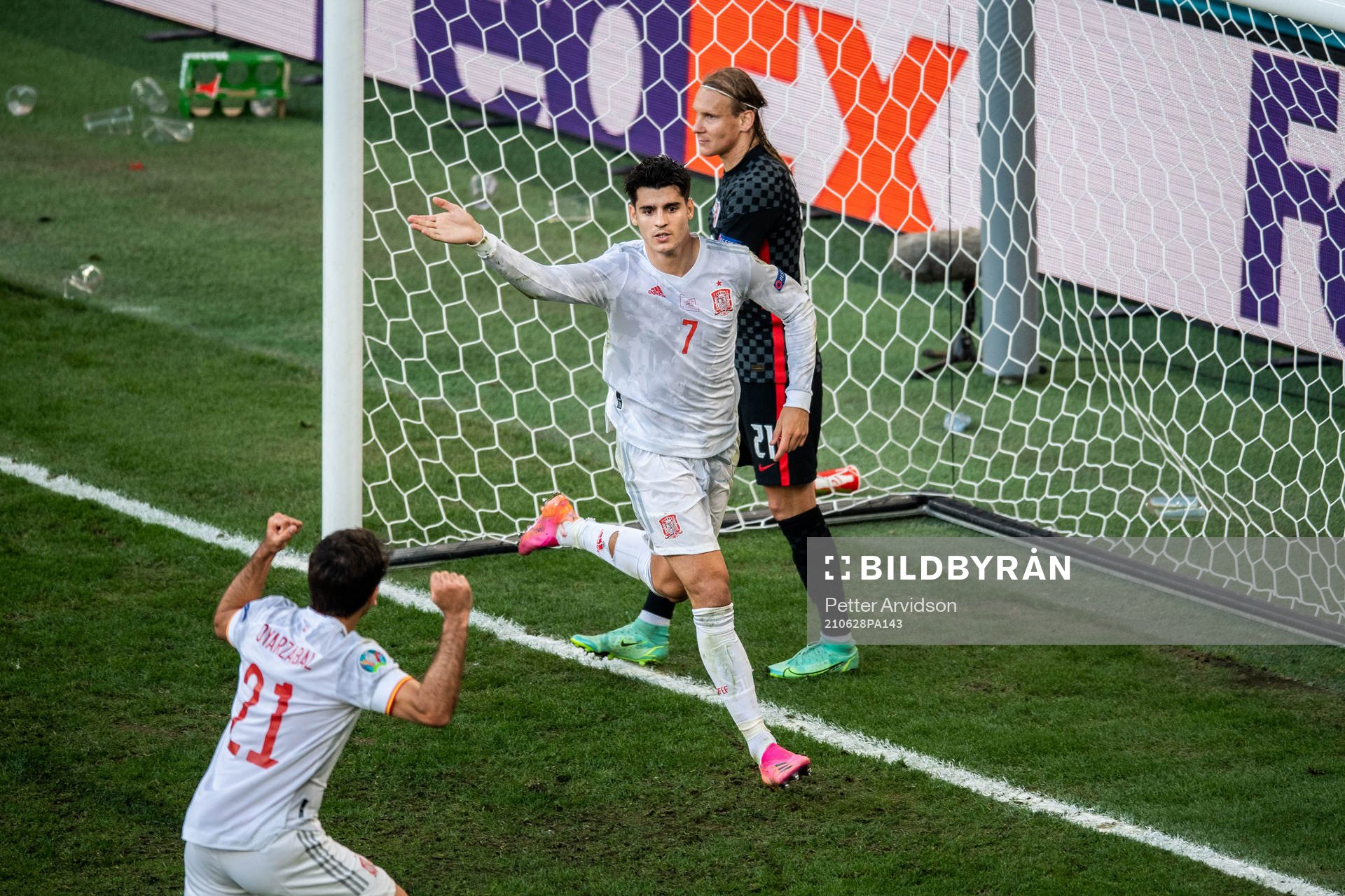Alvaro Morata of Spain celebrates scoring 3-4