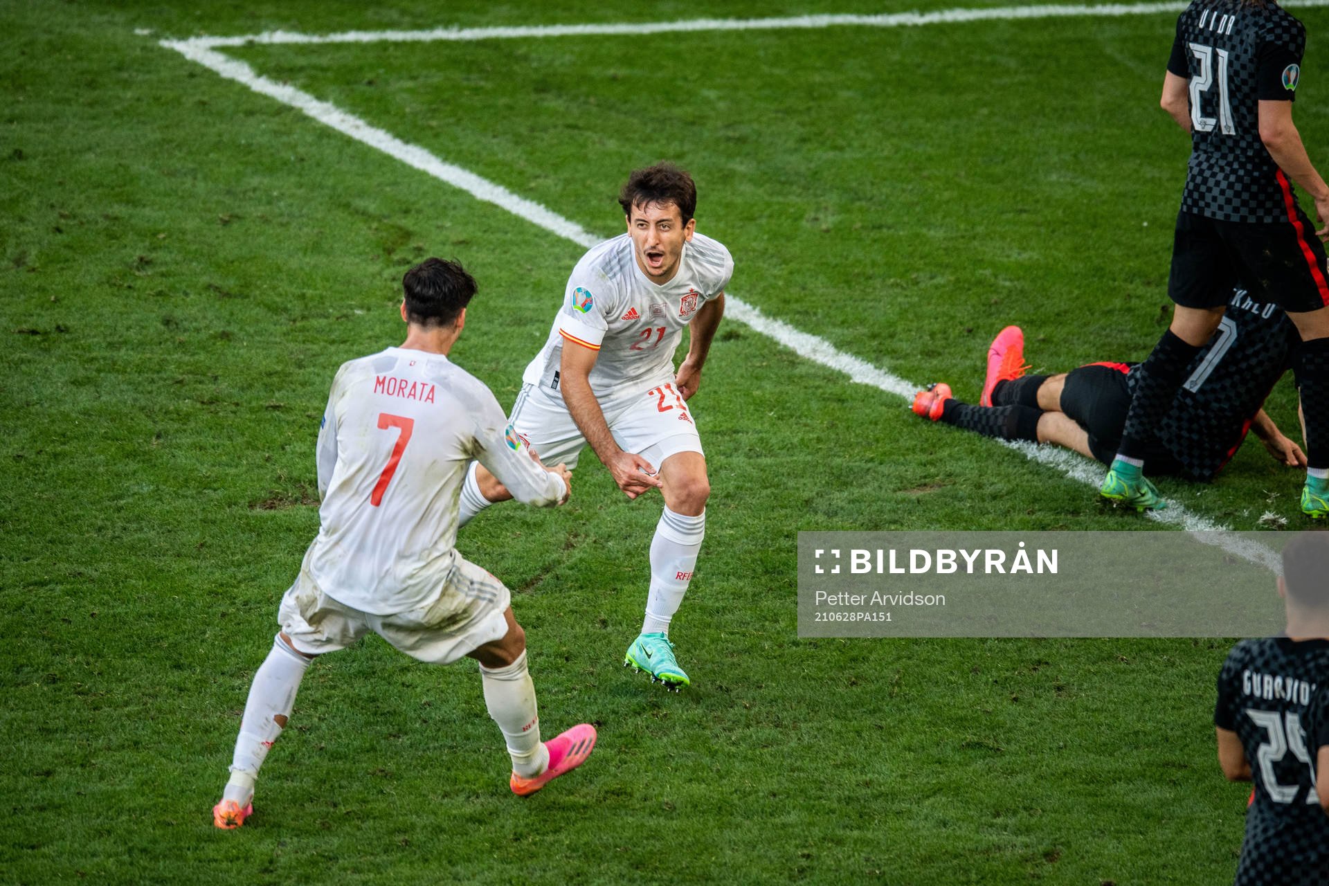 Mikel Oyarzabal of Spain celebrates scoring 3-5