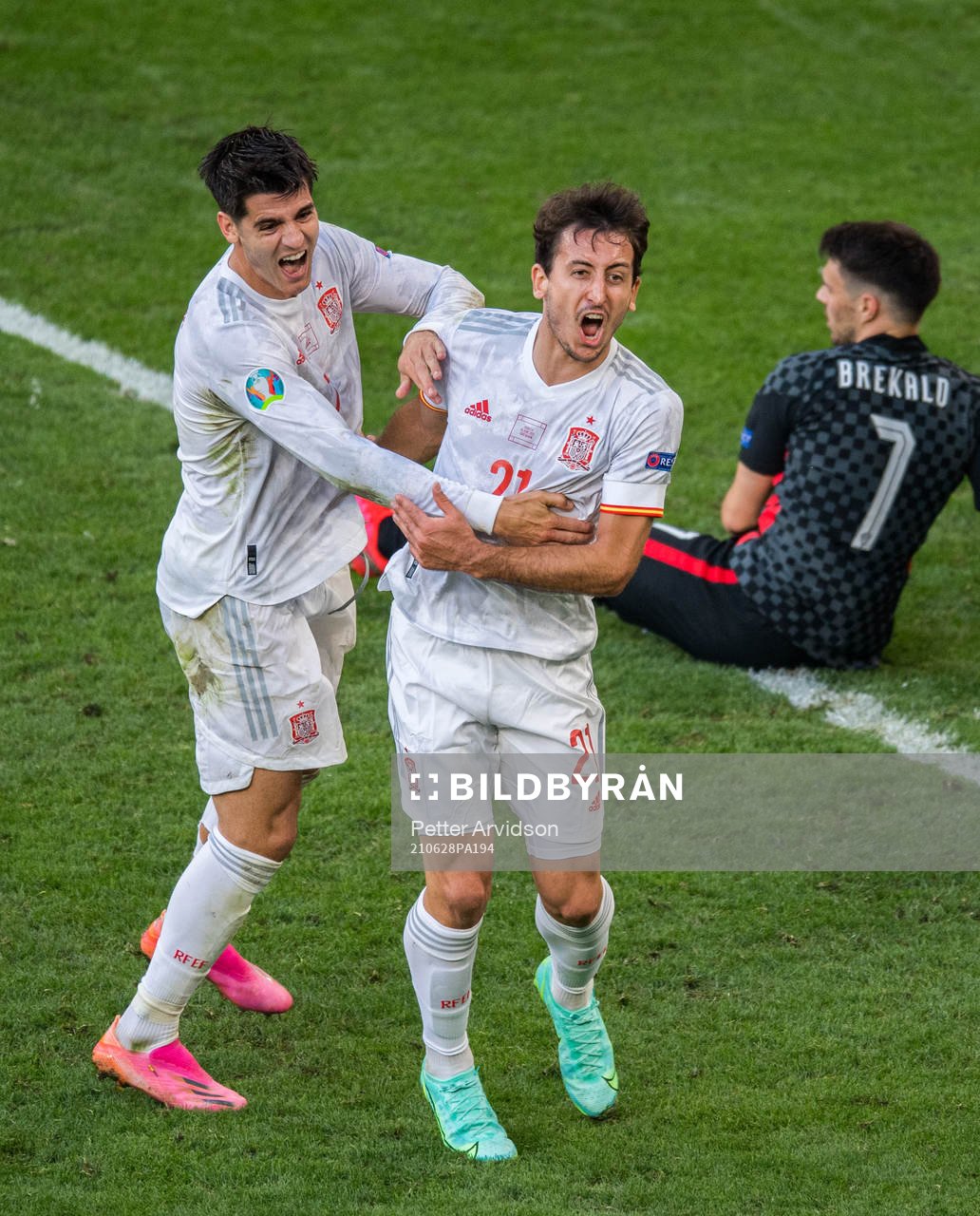 Alvaro Morata and Mikel Oyarzabal of Spain celebrate the
