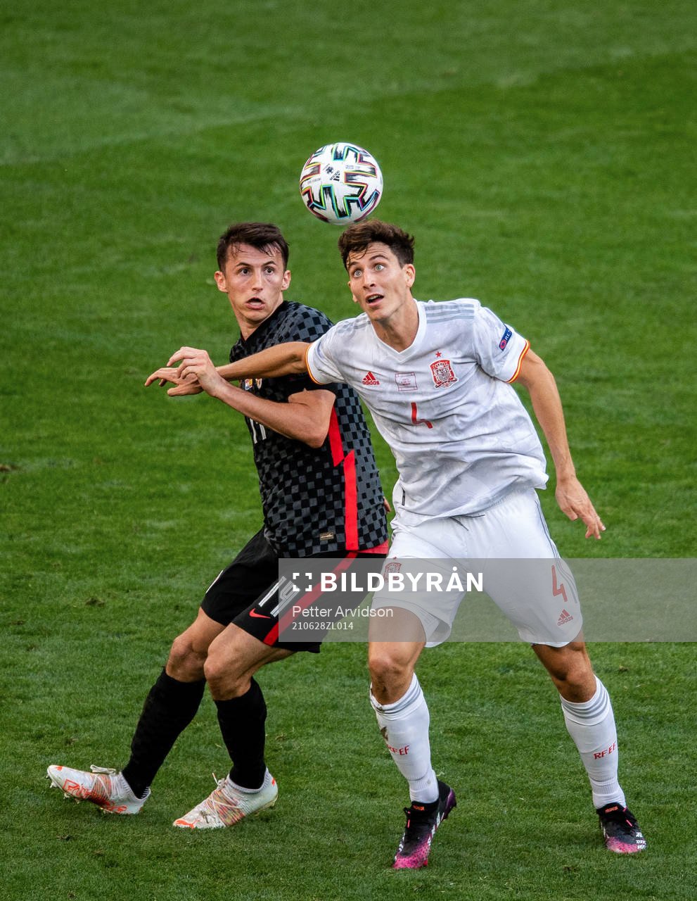 Ante Budimir of Croatia and Pau Torres of Spain during the UEFA Euro 2020 Football Championship round of 16 match between Croatia and Spain on June 28, 2021 in Copenhagen. 