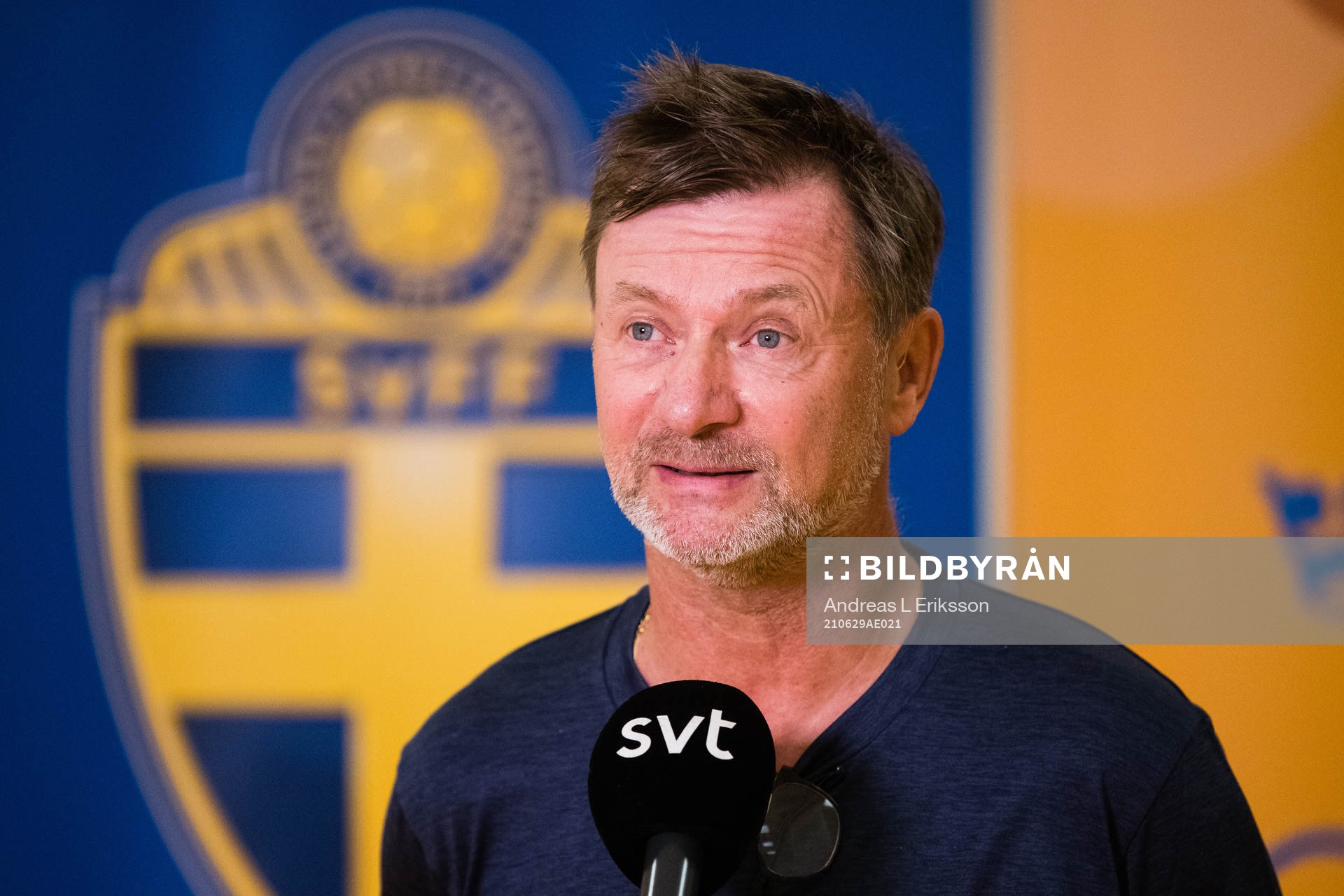 Peter Gerhardsson, head coach, is interviewed by the media
