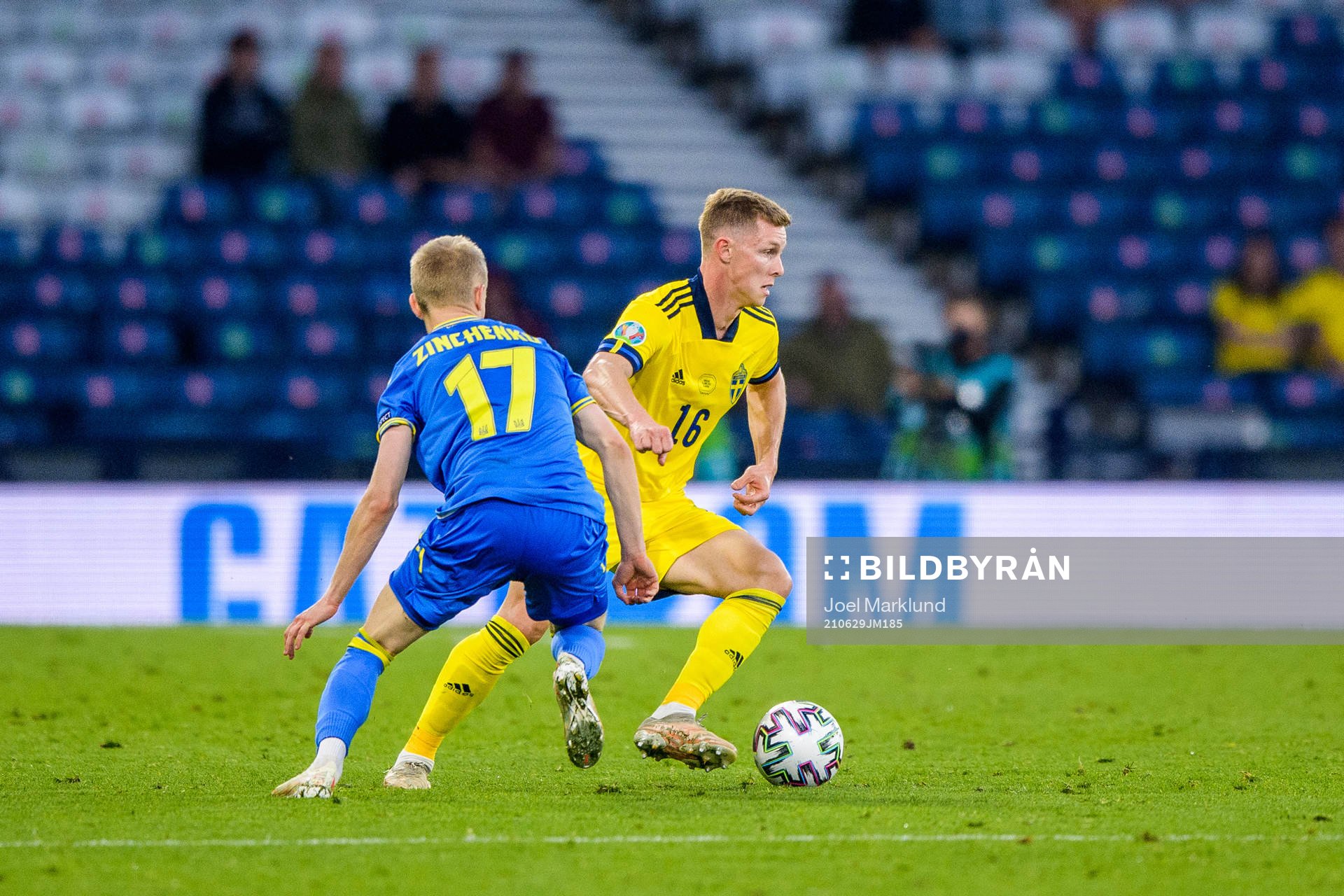 Emil Krafth of Sweden and Oleksandr Zinchenko of Ukraine