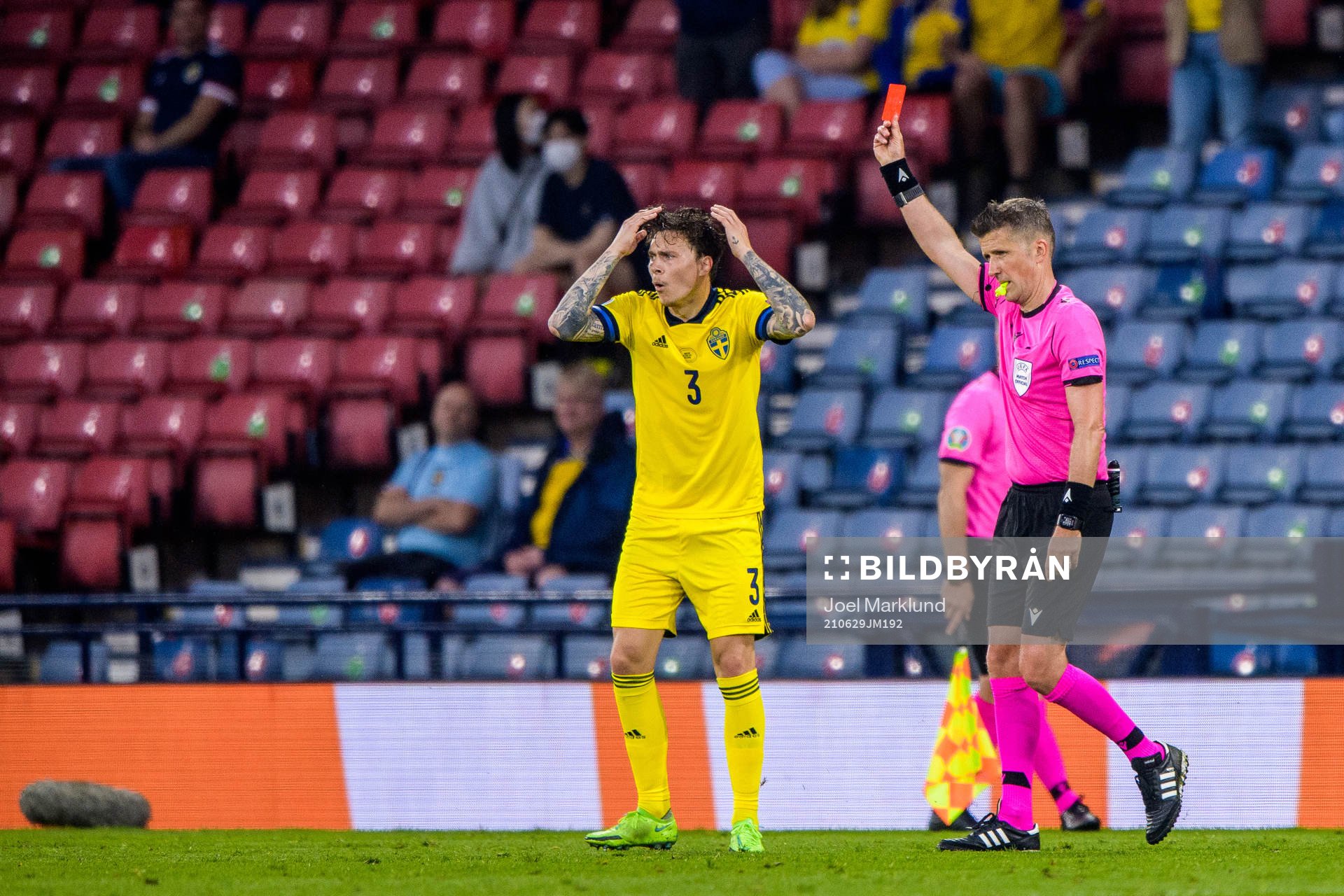 Victor Nilsson Lindelöf of Sweden reacts as referee