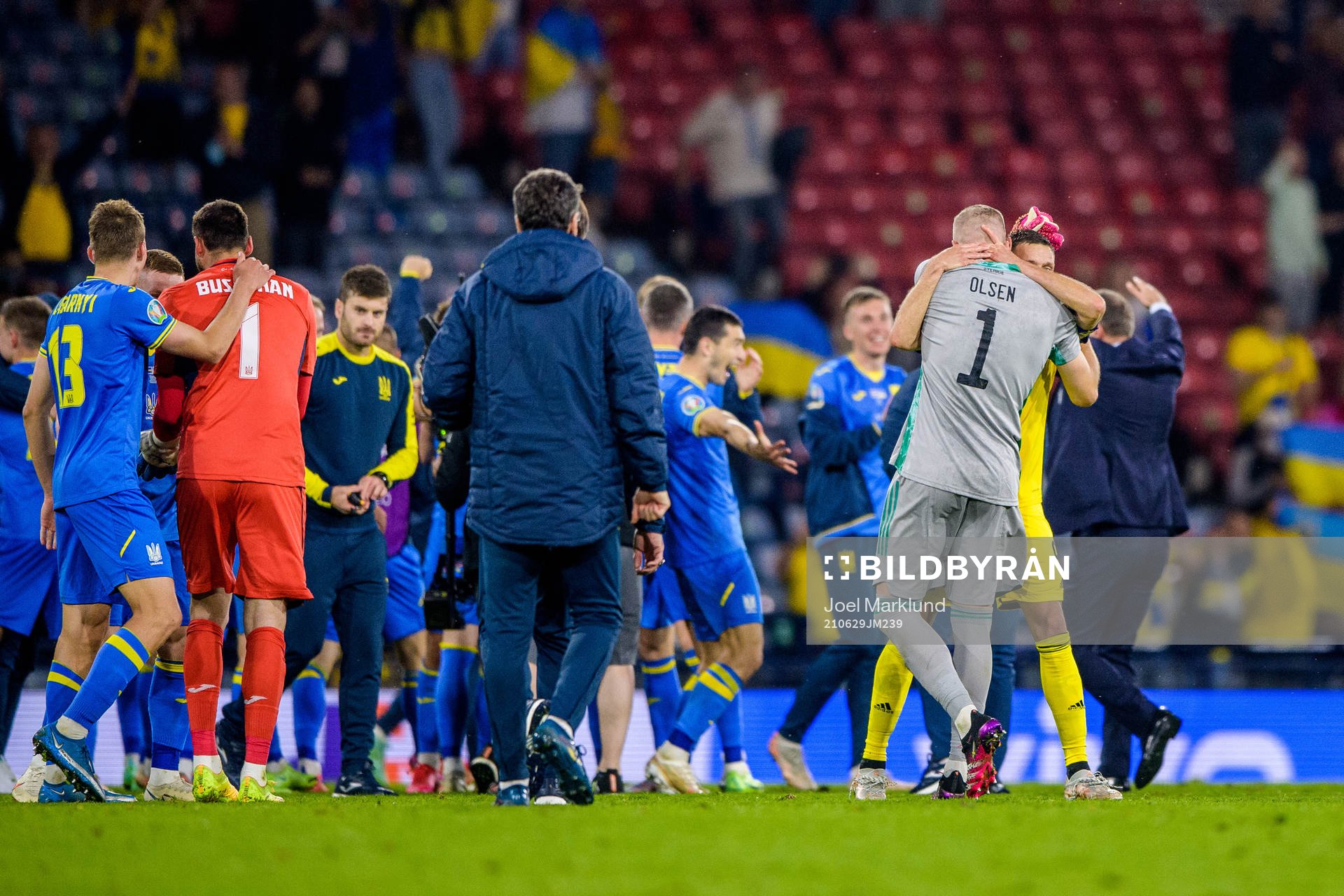 goalkeeper Robin Olsen and Marcus Berg of Sweden look