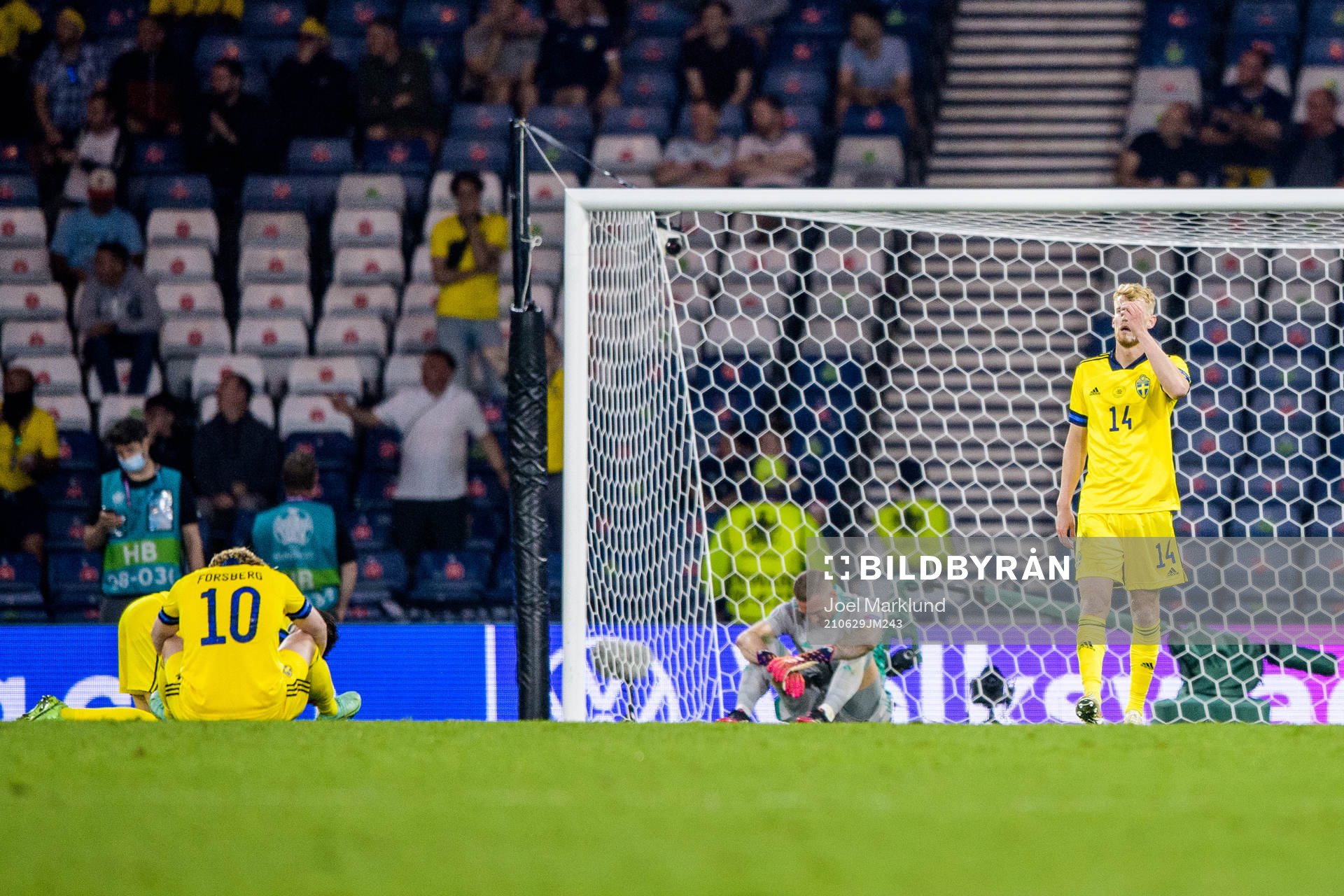 Emil Forsberg, goalkeeper Robin Olsen and Filip Helander of