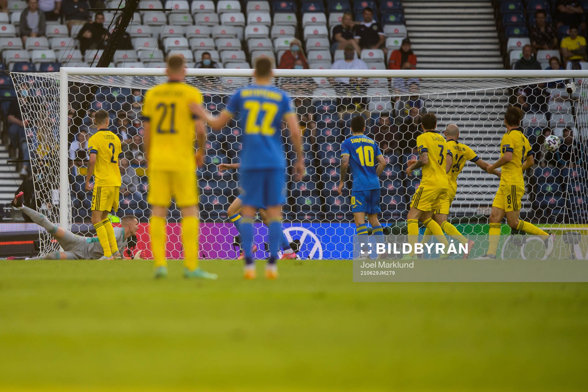 Goalkeeper Robin Olsen of Sweden lets in the 0-1 goal