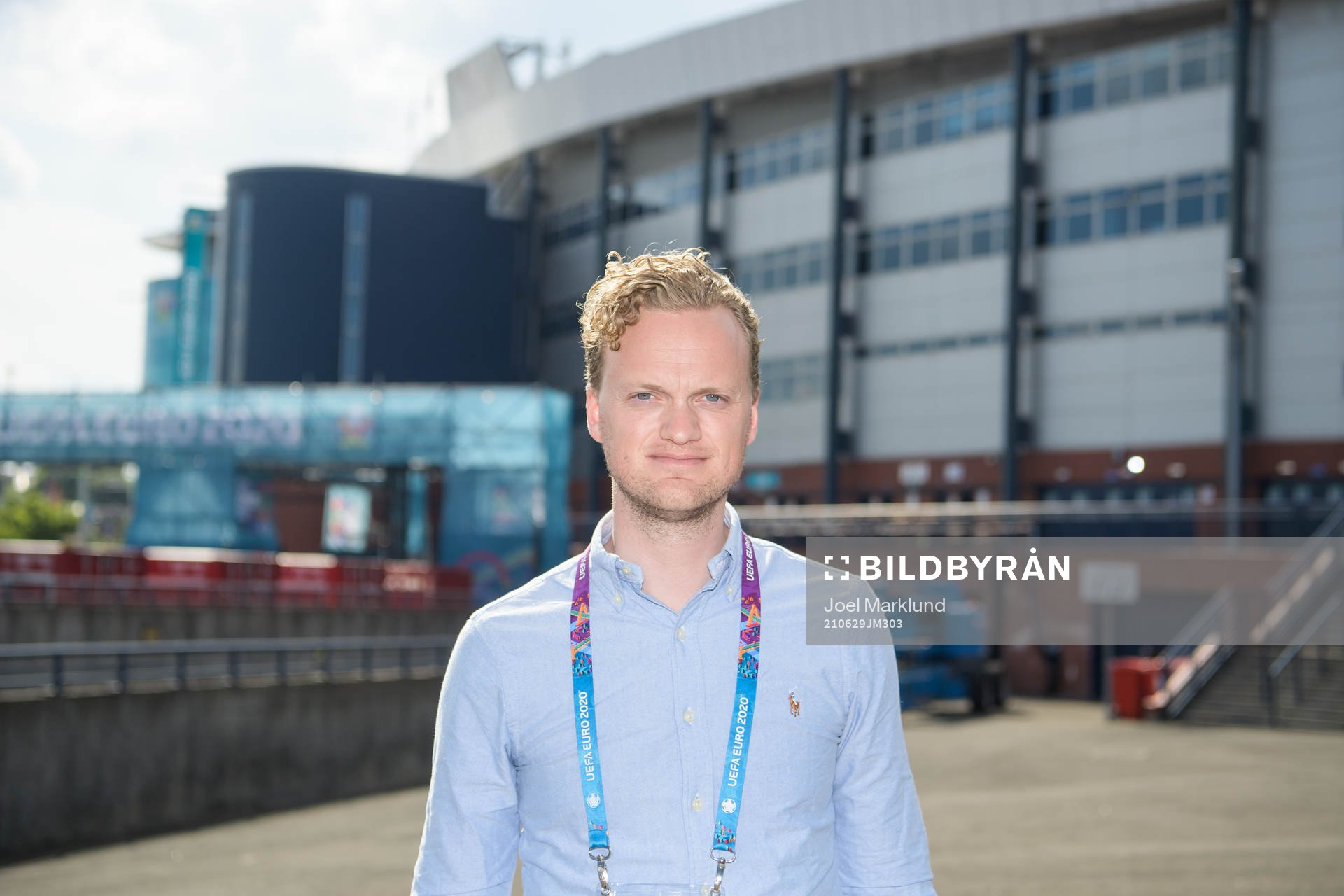 Philip Trollér, reporter Göteborgs-Posten, poses for a byline picture ahead of the UEFA Euro 2020 Football Championship round of 16 match between Sweden and Ukraina on June 29, 2021 in Glasgow.