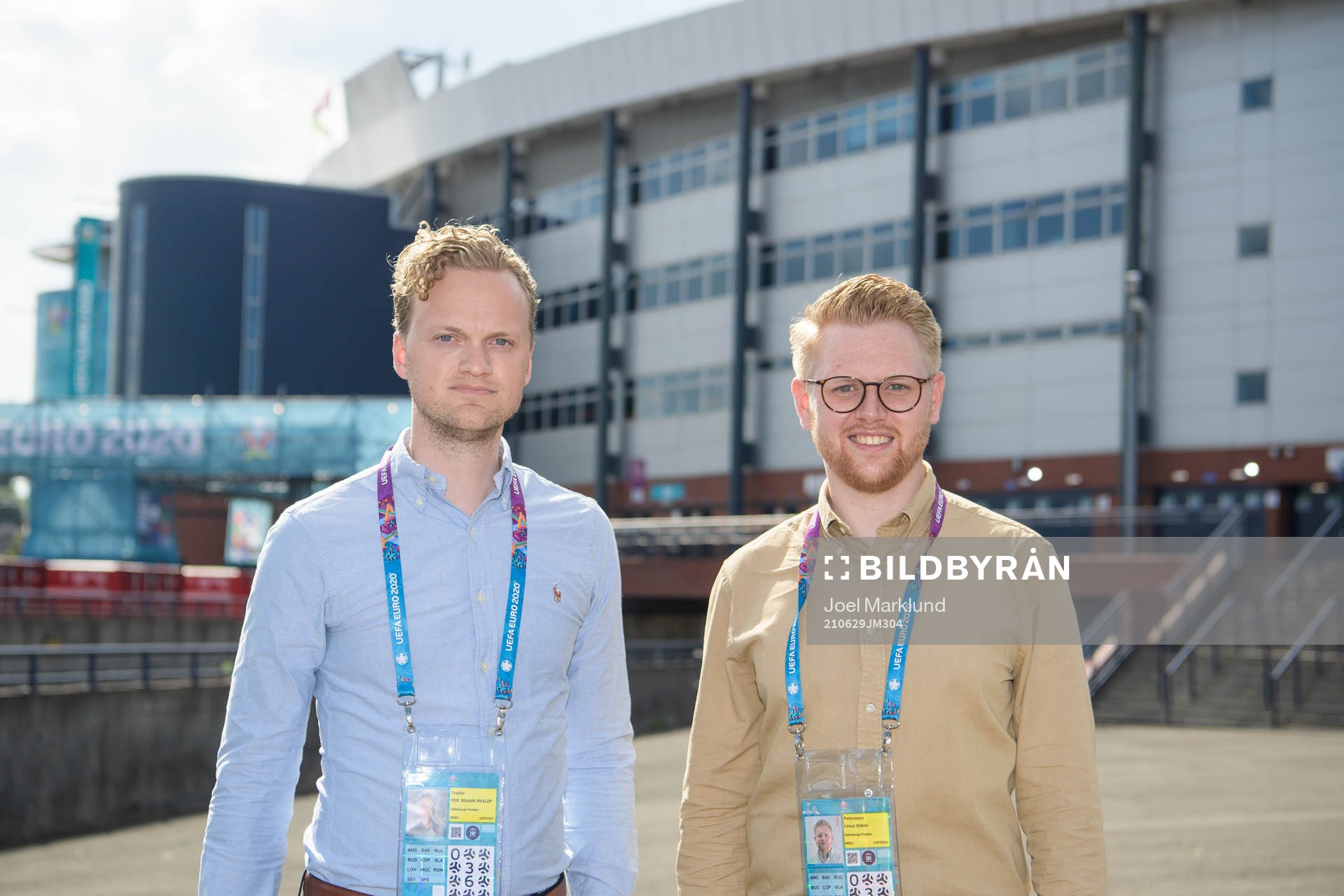 Philip Trollér and Linus Petersson, reporters Göteborgs-Posten, pose for a byline picture ahead of the UEFA Euro 2020 Football Championship round of 16 match between Sweden and Ukraina on June 29, 2021 in Glasgow.