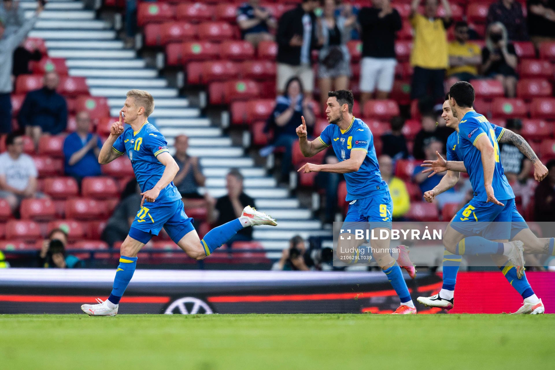 Oleksandr Zinchenko of Ukraine celebrates scoring 0-1 during the UEFA Euro 2020 Football Championship round of 16 match between Sweden and Ukraina on June 29, 2021 in Glasgow.
