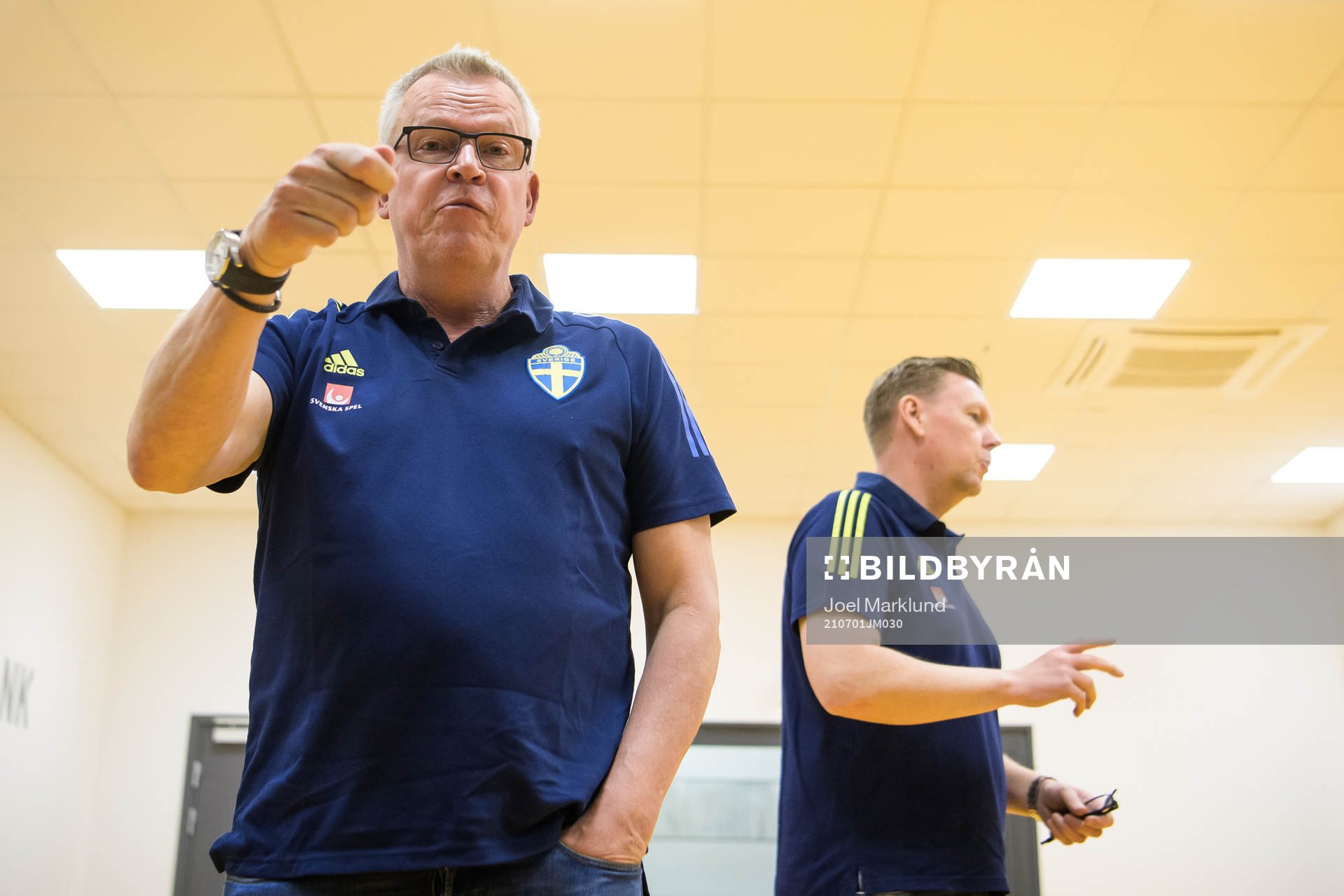 Head coach Janne Andersson and assistant coach Peter Wettergren of the Swedish national football team at a press conference during the UEFA Euro 2020 Football Championship on July 1, 2021 in Stockholm.