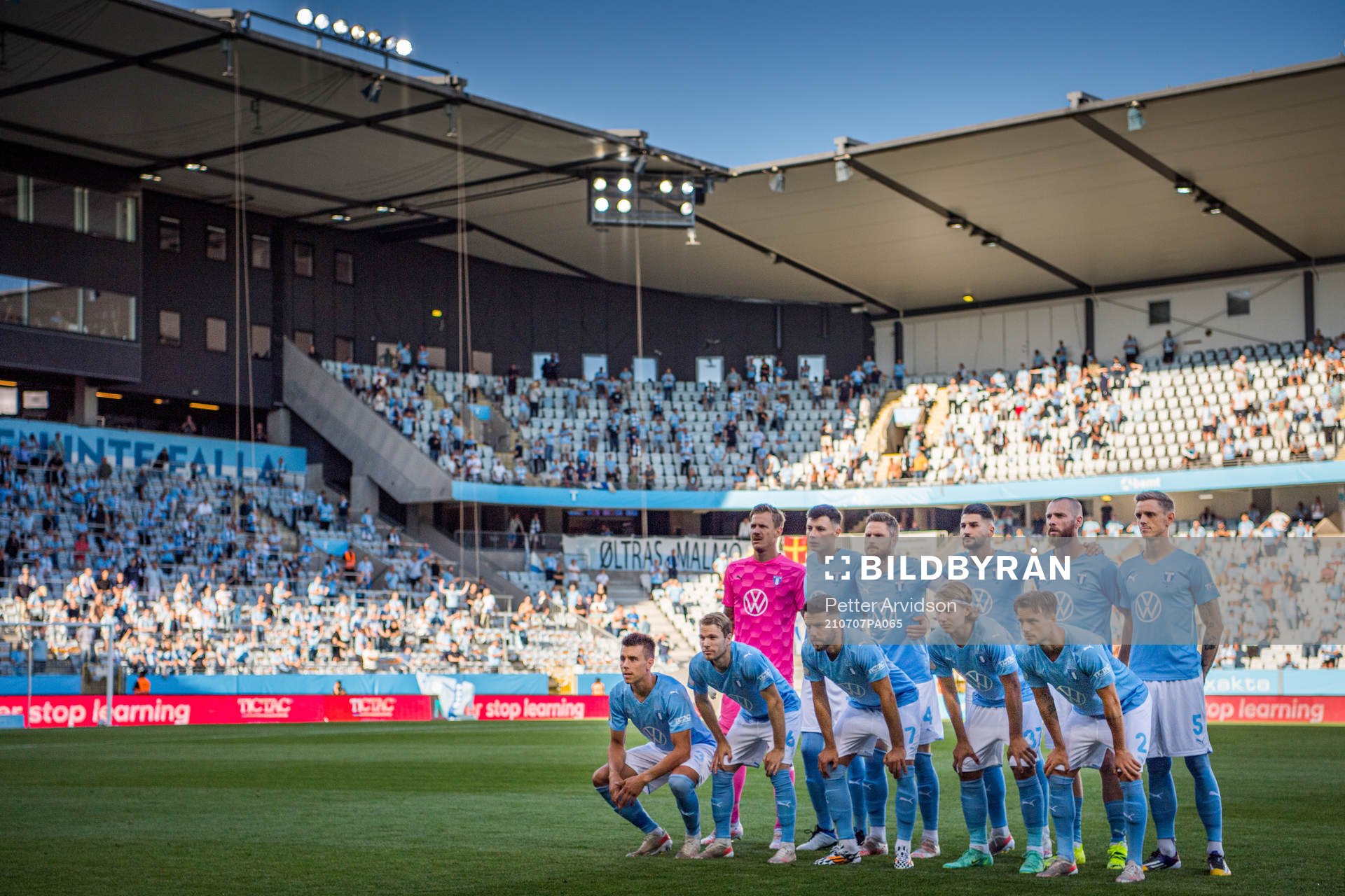 Players of Malmö FF line up for a team photo ahead the UEFA Champions League qualifying match between Malmö FF and Riga on July 7, 2021 in Malmö. Top Left: goalkeeper Johan Dahlin, Anel Ahmedhodzic, Lasse Nielsen, Antonio Colak, Jo Inge Berget and Sören Rieks. Bottom left: Jonas Knudsen, Oscar Lewicki, Erdal Rakip, Sebastian Nanasi and Eric Larsson.