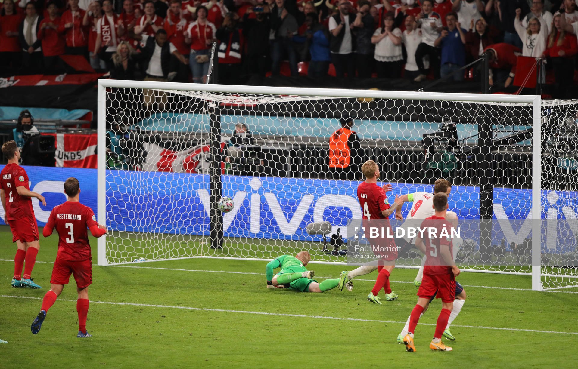 Harry Kane of England score the 2-1 goal behind Goalkeeper