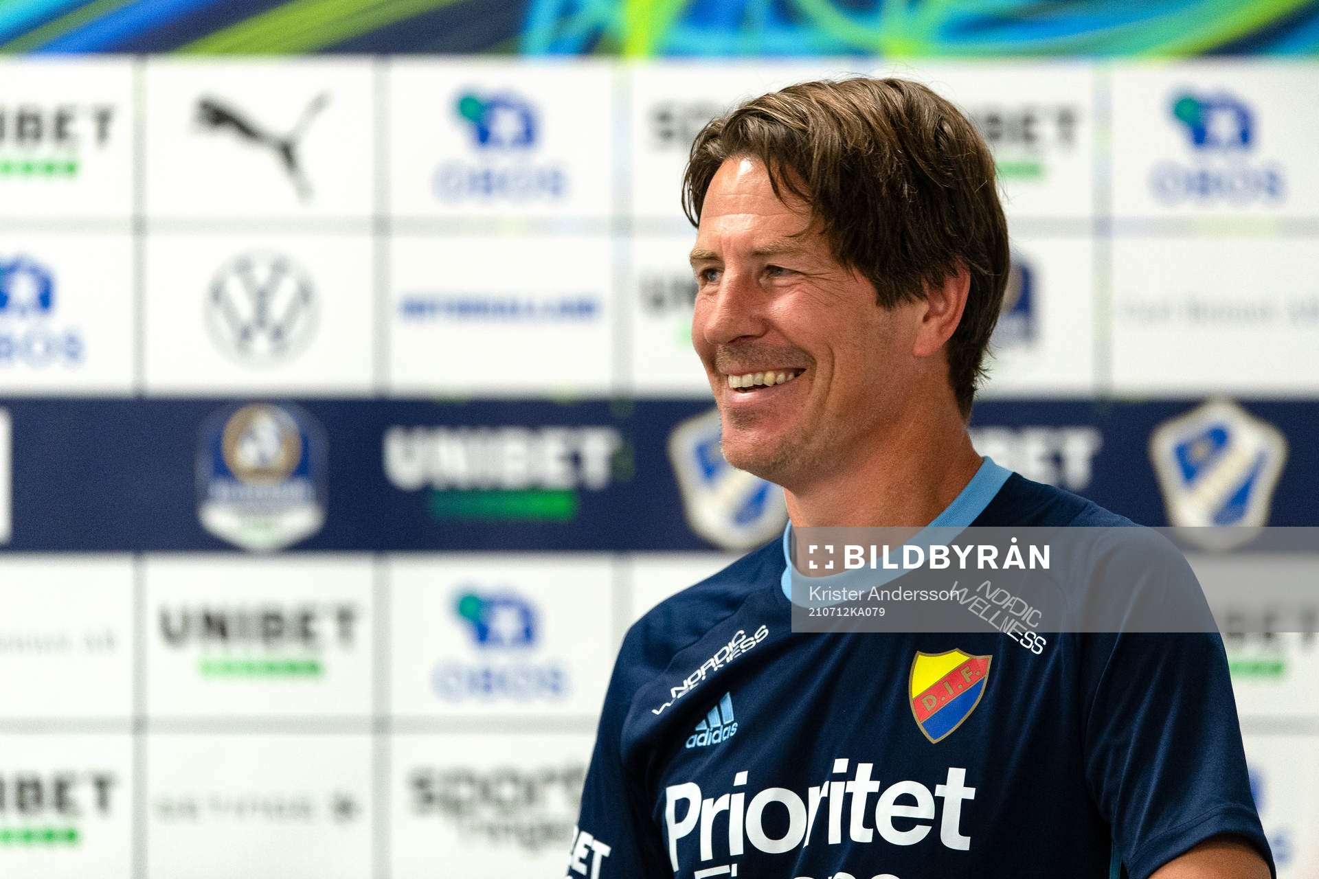 Djurgårdens tränare Thomas Lagerlöf på presskonferensen efter fotbollsmatchen i Allsvenskan mellan Halmstad och Djurgården den 12 juli 2021 i Halmstad.