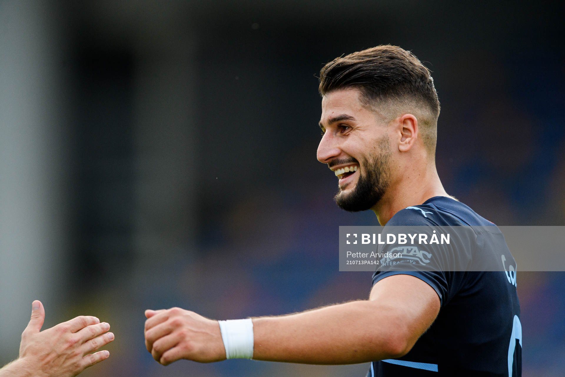 Antonio Colak of Malmö FF celebrates after the UEFA Champions League qualifying match between Riga and Malmö FF on July 13, 2021 in Riga.