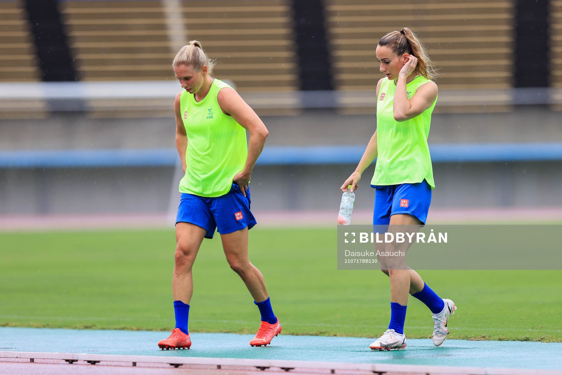 Jonna Andersson and Kosovare Asllani of the Swedish national women’s football team at a training session ahead of the Tokyo 2020 Olympic Games on July 17, 2021 in Fukuoka.
