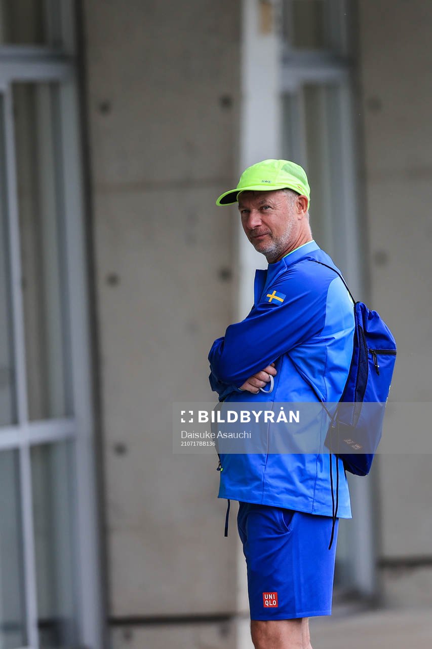 Peter Gerhardsson, head coach of the Swedish national women’s football team, at a training session ahead of the Tokyo 2020 Olympic Games on July 17, 2021 in Fukuoka.