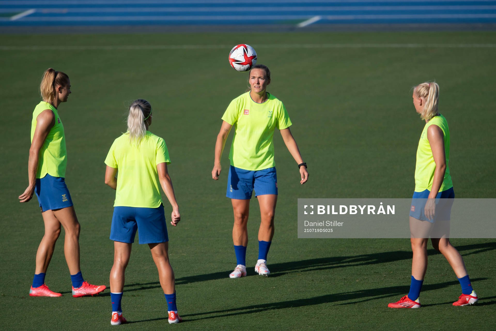 Fridolina Rolfö, Hanna Glas, Stina Blackstenius and Magdalena Eriksson of the Swedish national women’s football team during a training session ahead of the Tokyo 2020 Olympic Games on July 19, 2021 in Tokyo.