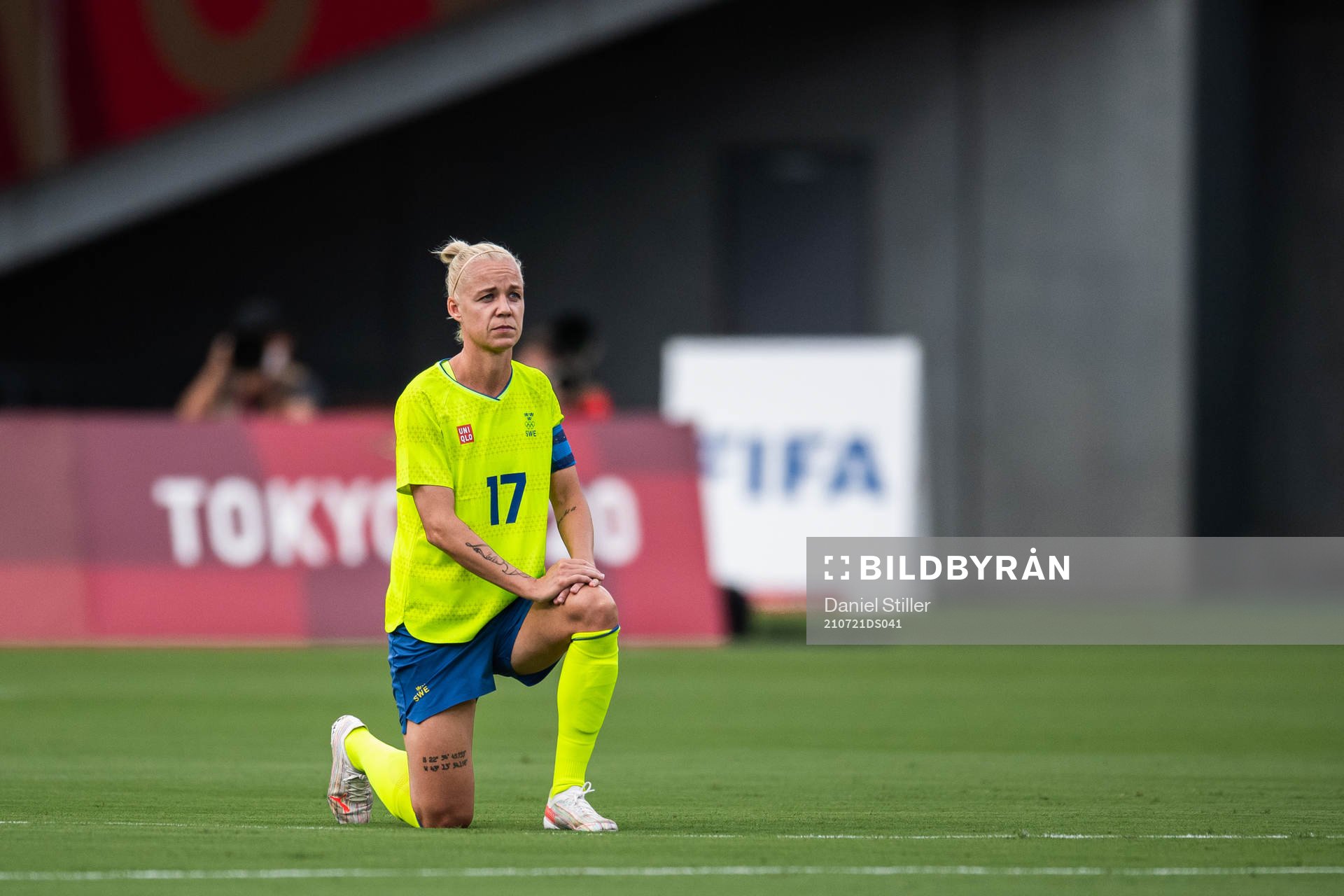 Caroline Seger of Sweden kneel