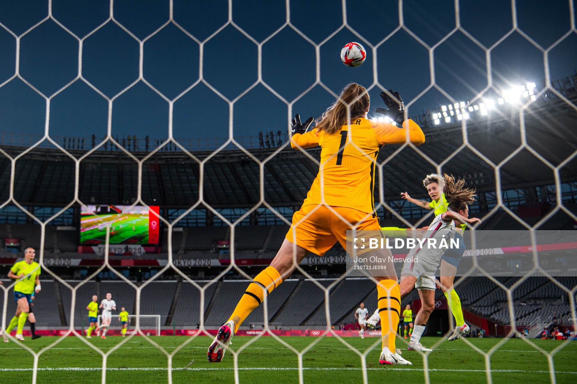 Lina Hurtig of Sweden scores the 3-0 goal behind goalkeeper