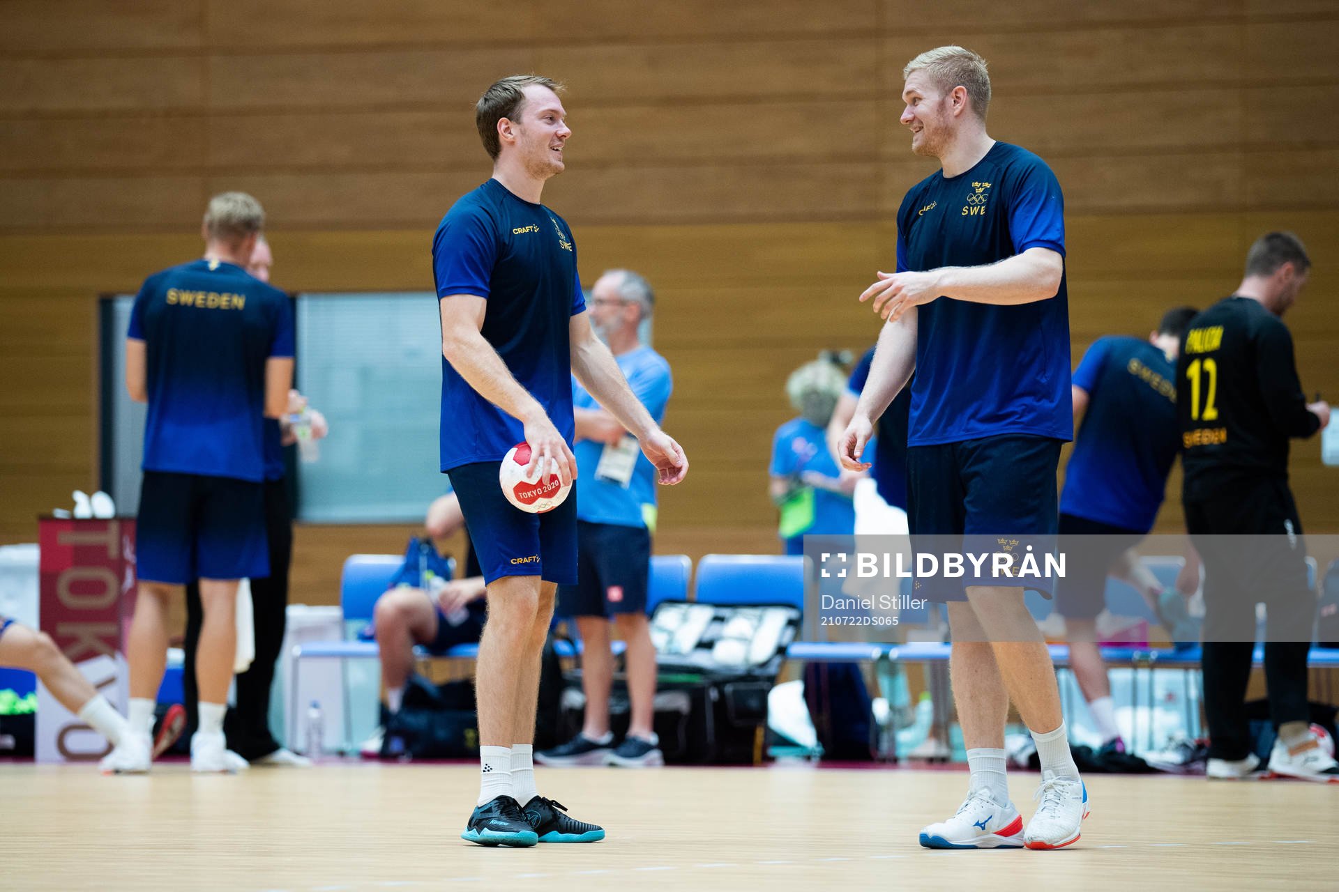 Felix Claar and Anton Lindskog of the Swedish handball team during a practice ahead of the Tokyo 2020 Olympic Games on July 22, 2021 in Tokyo.