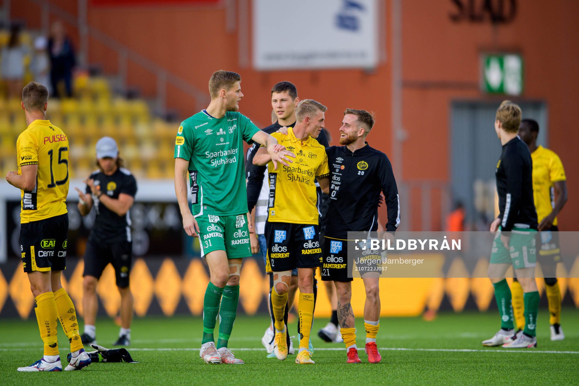 Goalkeeper Tim Rönning , Alexander Bernhadsson and Rasmus Alm of Elfsborg celebrate after the UEFA Conference League qualifying match between Elfsborg and Milsami Orhei on July 22, 2021 in Borås.