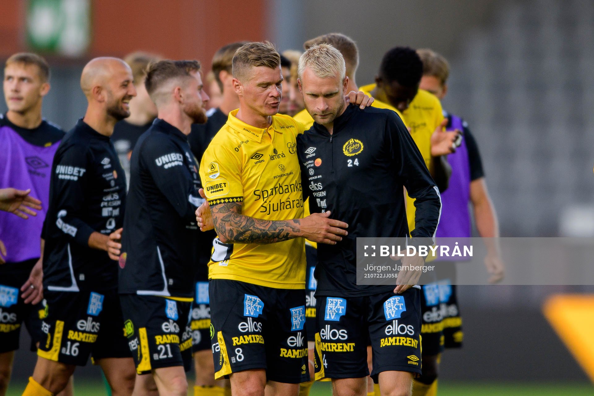 Samuel Holmén and Johan Larsson of Elfsborg celebrate after the UEFA Conference League qualifying match between Elfsborg and Milsami Orhei on July 22, 2021 in Borås.