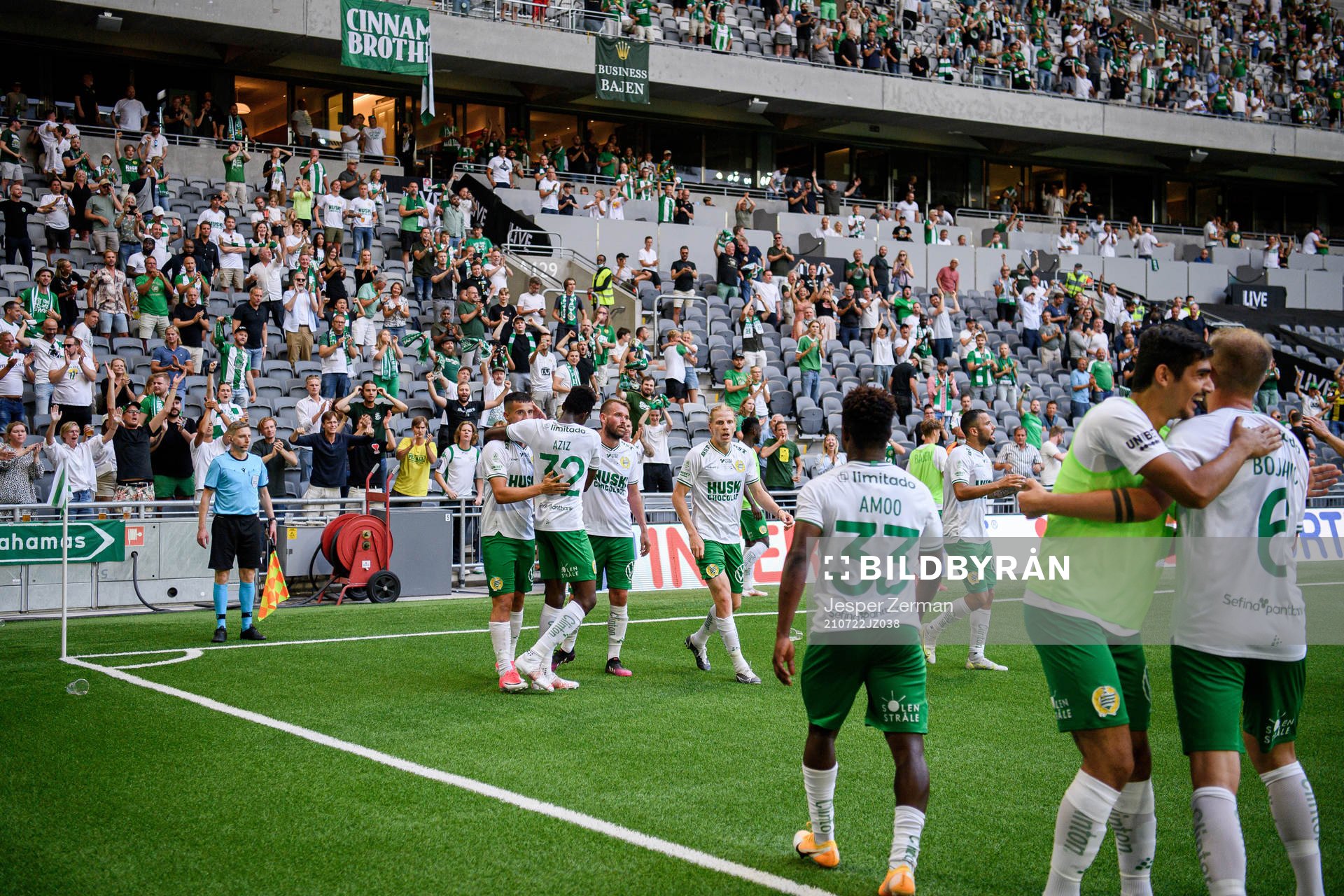 Players of Hammarby celebrate the 2-1 goal by  Astrit Selmani during the UEFA Conference League qualifying match between Hammarby and Maribor on July 22, 2021 in Stockholm. 