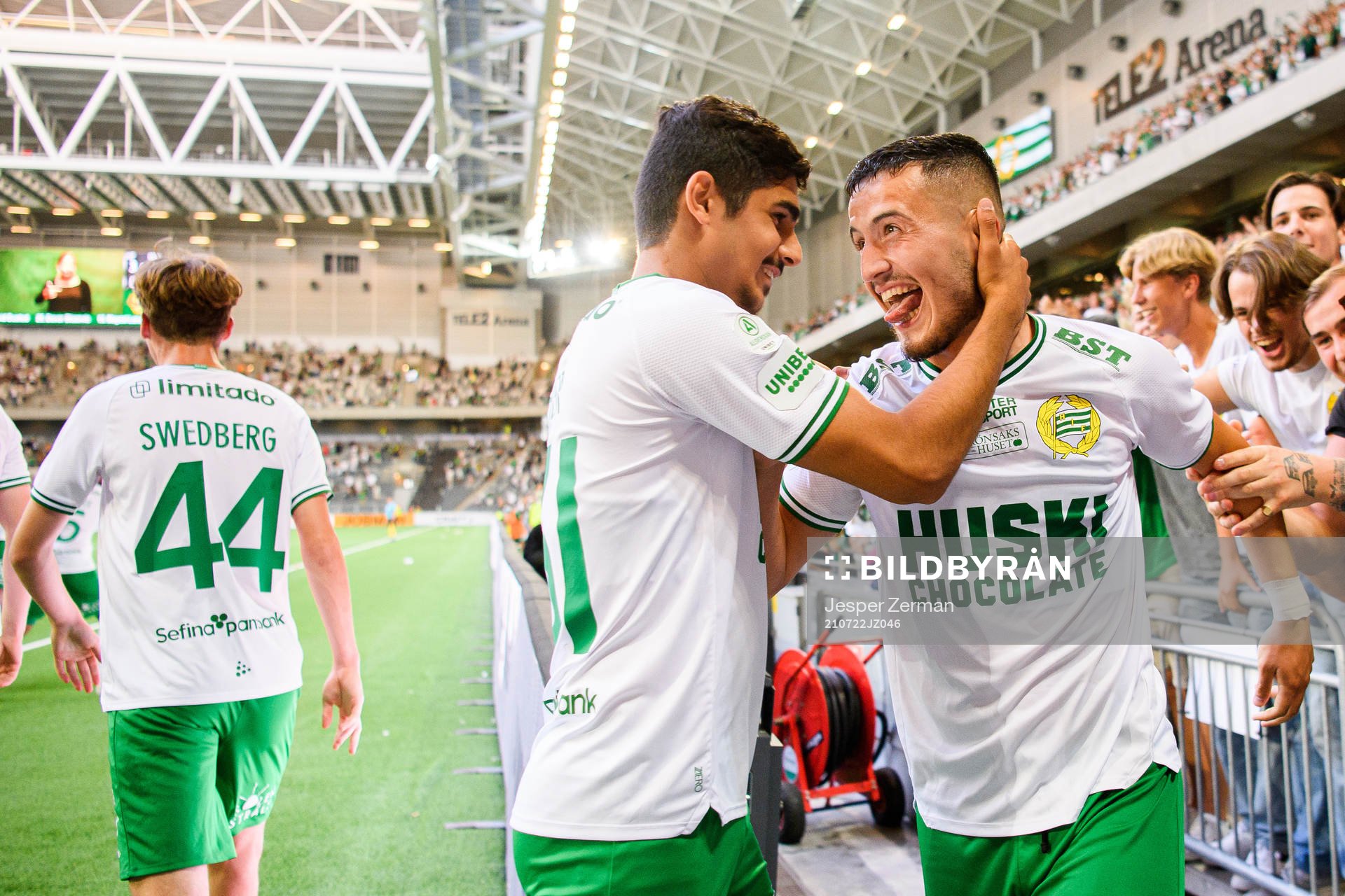 Astrit Selmani of Hammarby celebrates the 3-1 goal during the UEFA Conference League qualifying match between Hammarby and Maribor on July 22, 2021 in Stockholm.