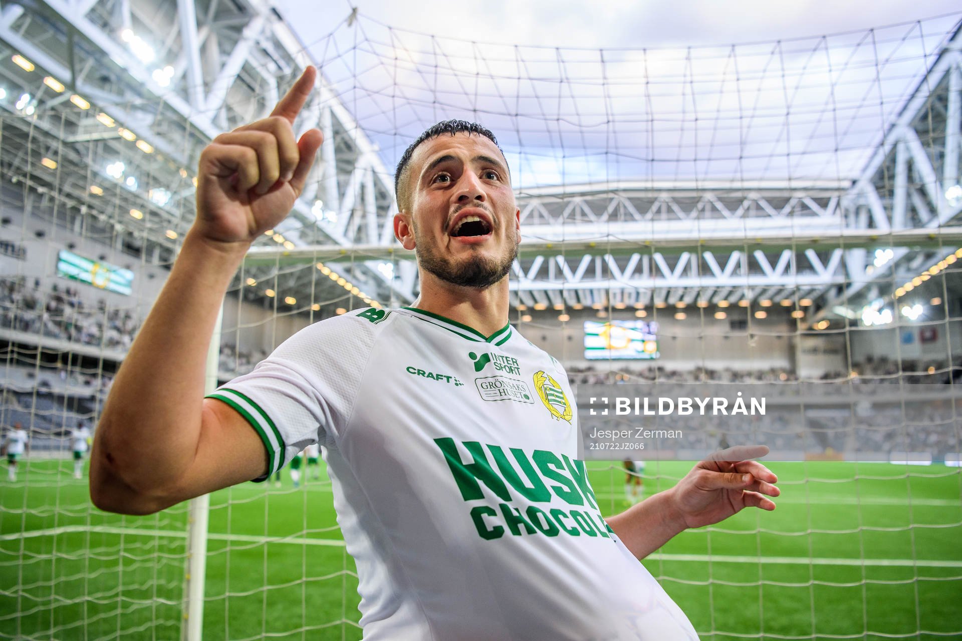 Astrit Selmani of Hammarby celebrates after the UEFA Conference League qualifying match between Hammarby and Maribor on July 22, 2021 in Stockholm. 