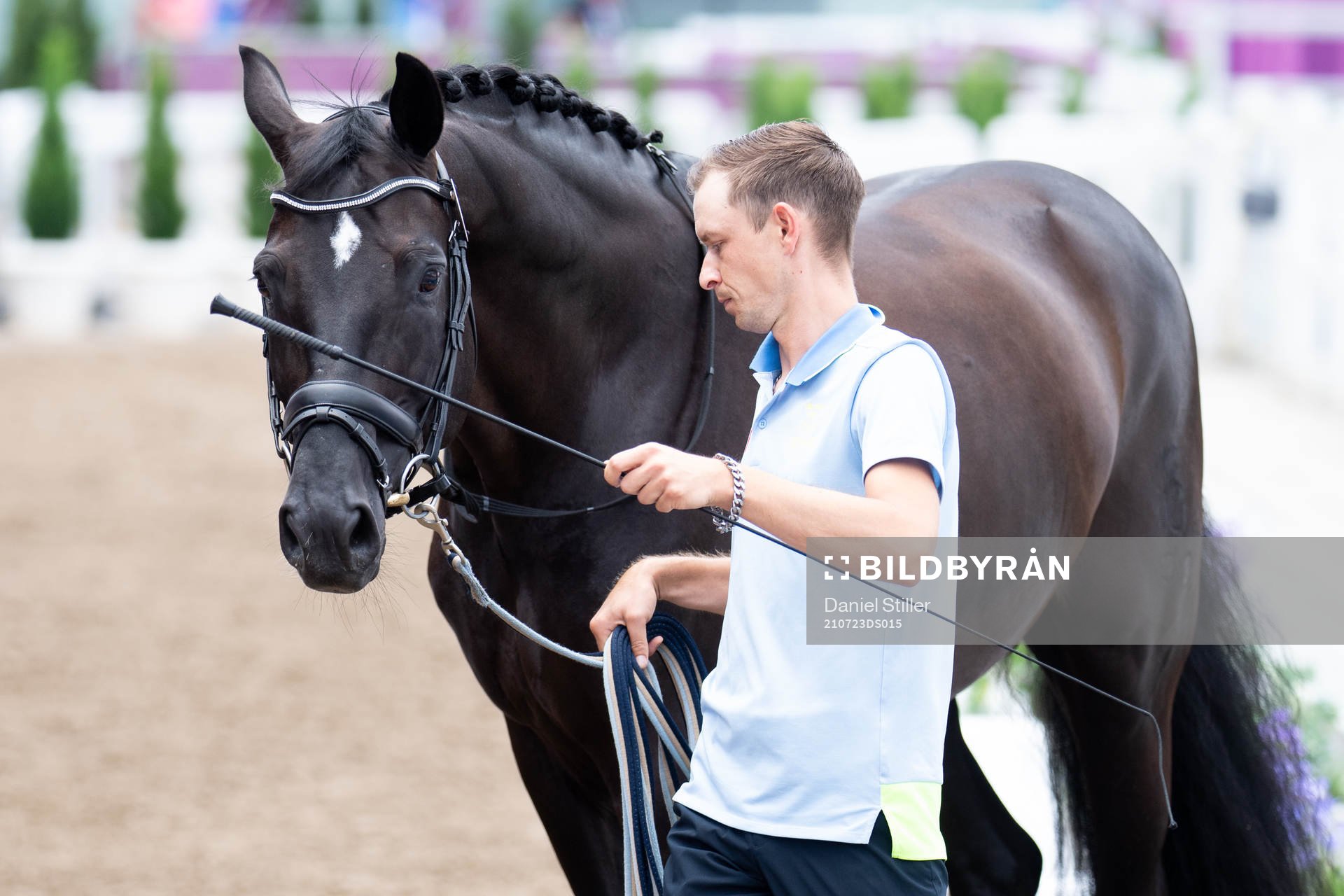Horse keeper Sebastian Ulrich with the horse of Therese