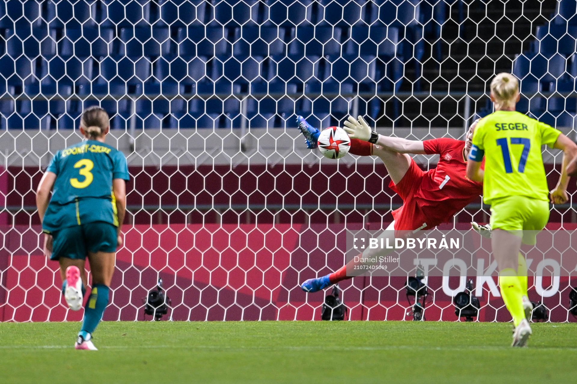 Hedvig Lindahl of Sweden saves a penalty from Sam Kerr of