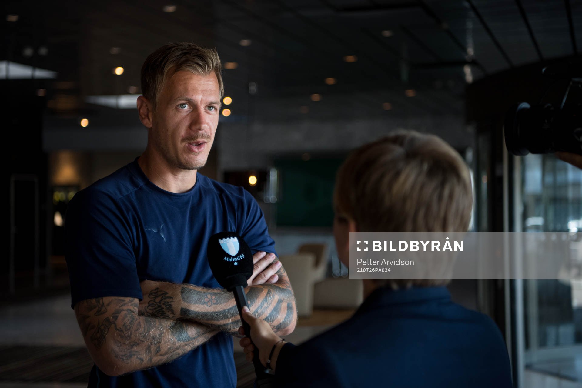 Goalkeeper Johan Dahlin of Malmö FF is being interviewed