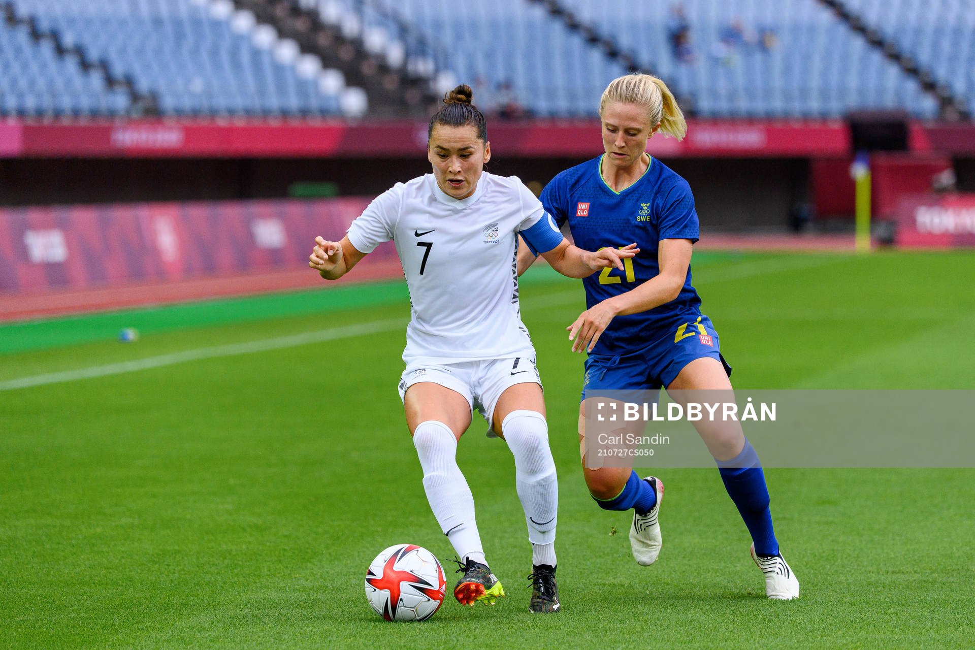Ali Riley of New Zealand and Rebecka Blomqvist of Sweden