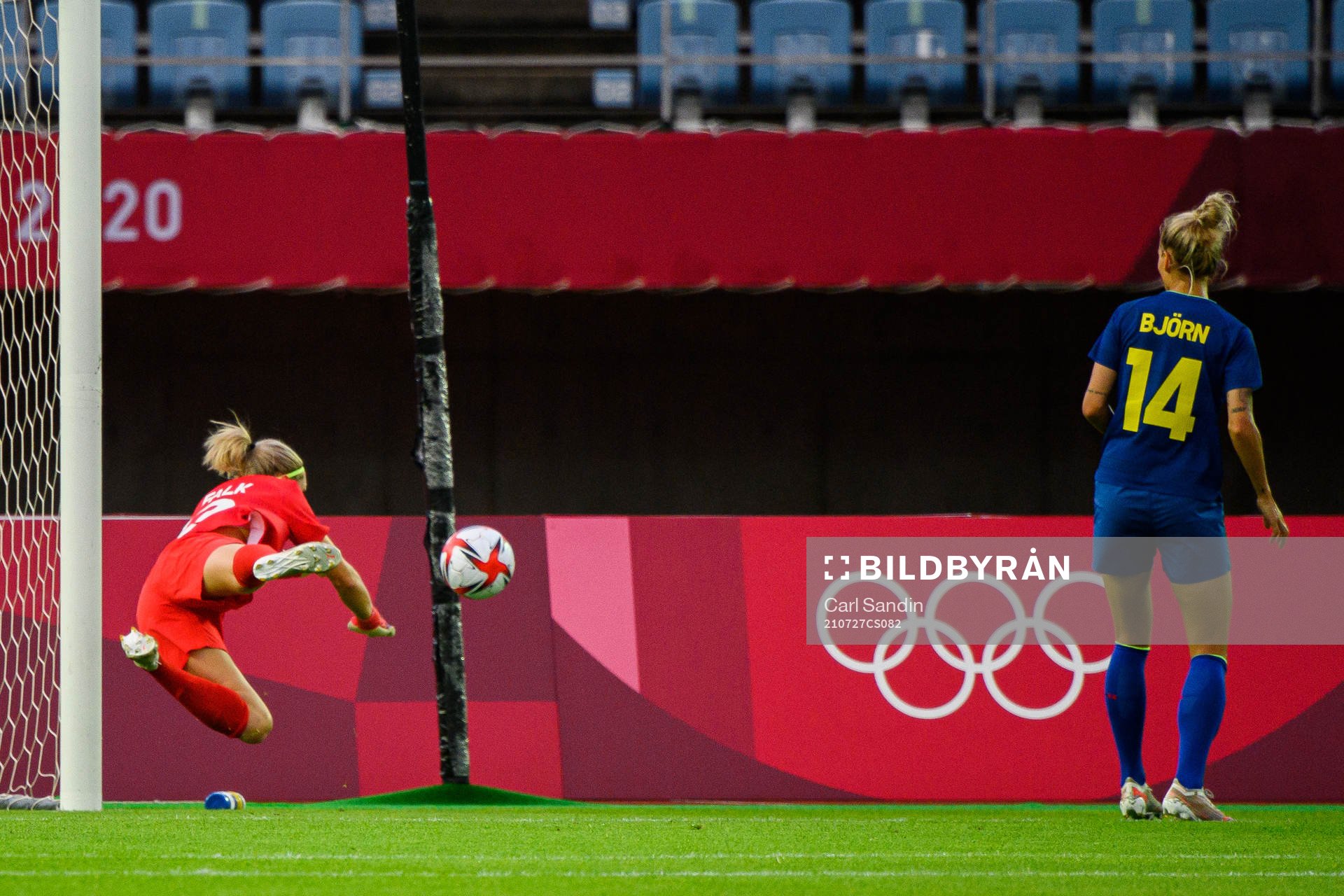 Goalkeeper Jennifer Falk of Sweden with a save in the
