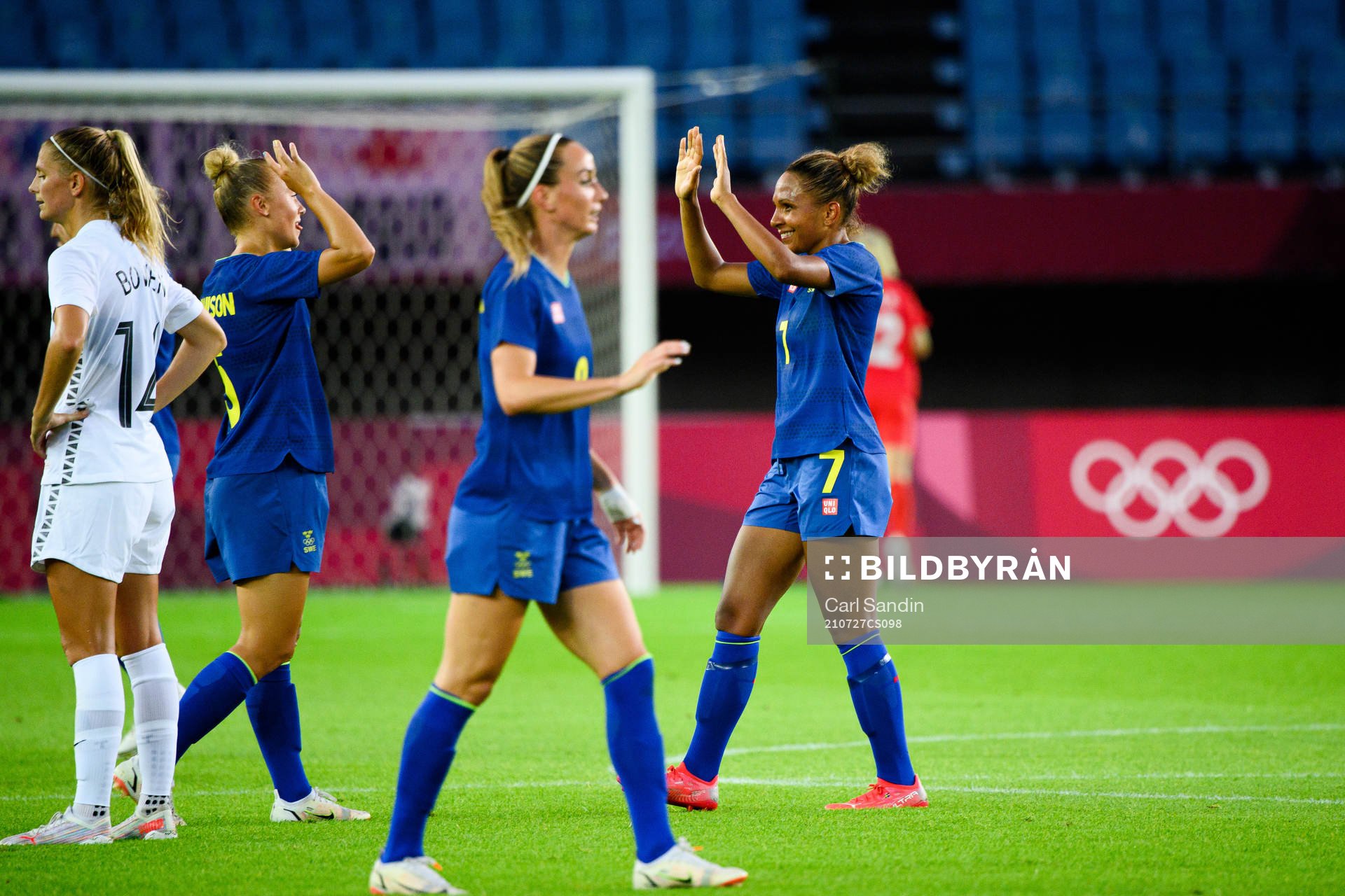 Hanna Bennison and Madelen Janogy of Sweden celebrate after the women’s football match between New Zealand and Sweden during day 4 of the Tokyo 2020 Olympic Games on July 27, 2021 in Rifu.