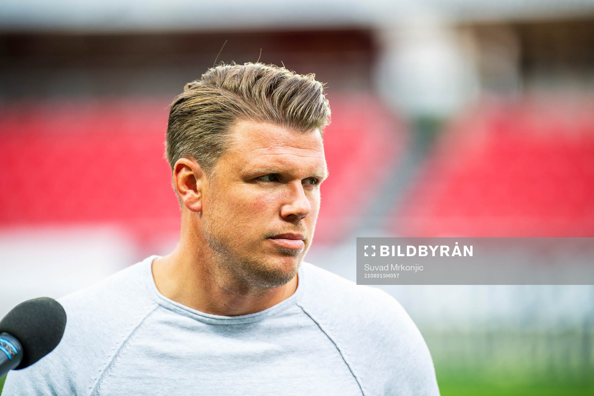 Mjällbys tränare Christian Järdler under presskonferensen efter fotbollsmatchen i Allsvenskan mellan Kalmar och Mjällby den 1 augusti 2021 i Kalmar.