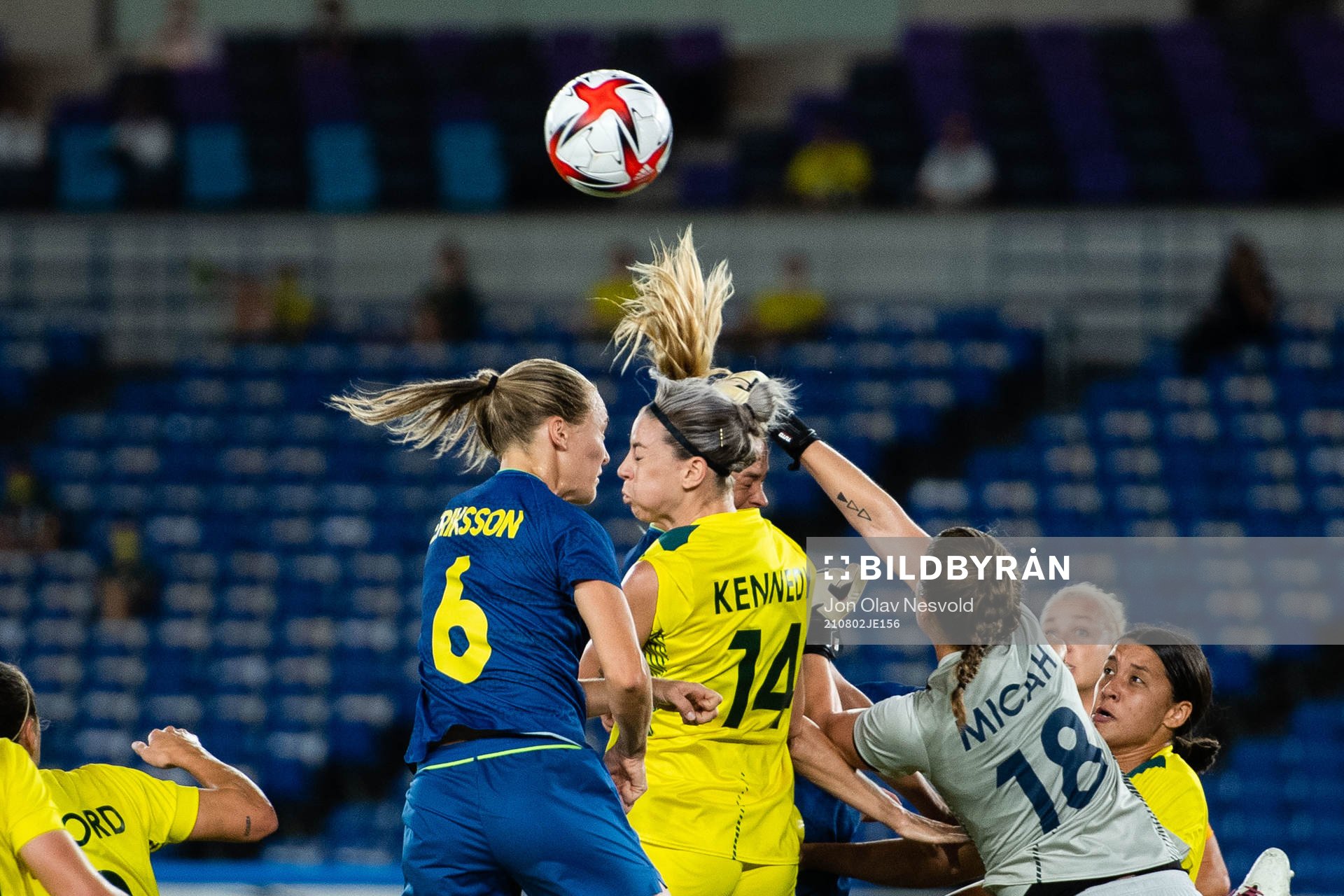 Magdalena Eriksson of Sweden and Alanna Kennedy, Teagan Micah and Kyah Simon of Australia in the women´s football match between Australia and Sweden at Tokyo 2020 Olympic Games on August 2, 2021 in Tokyo.
