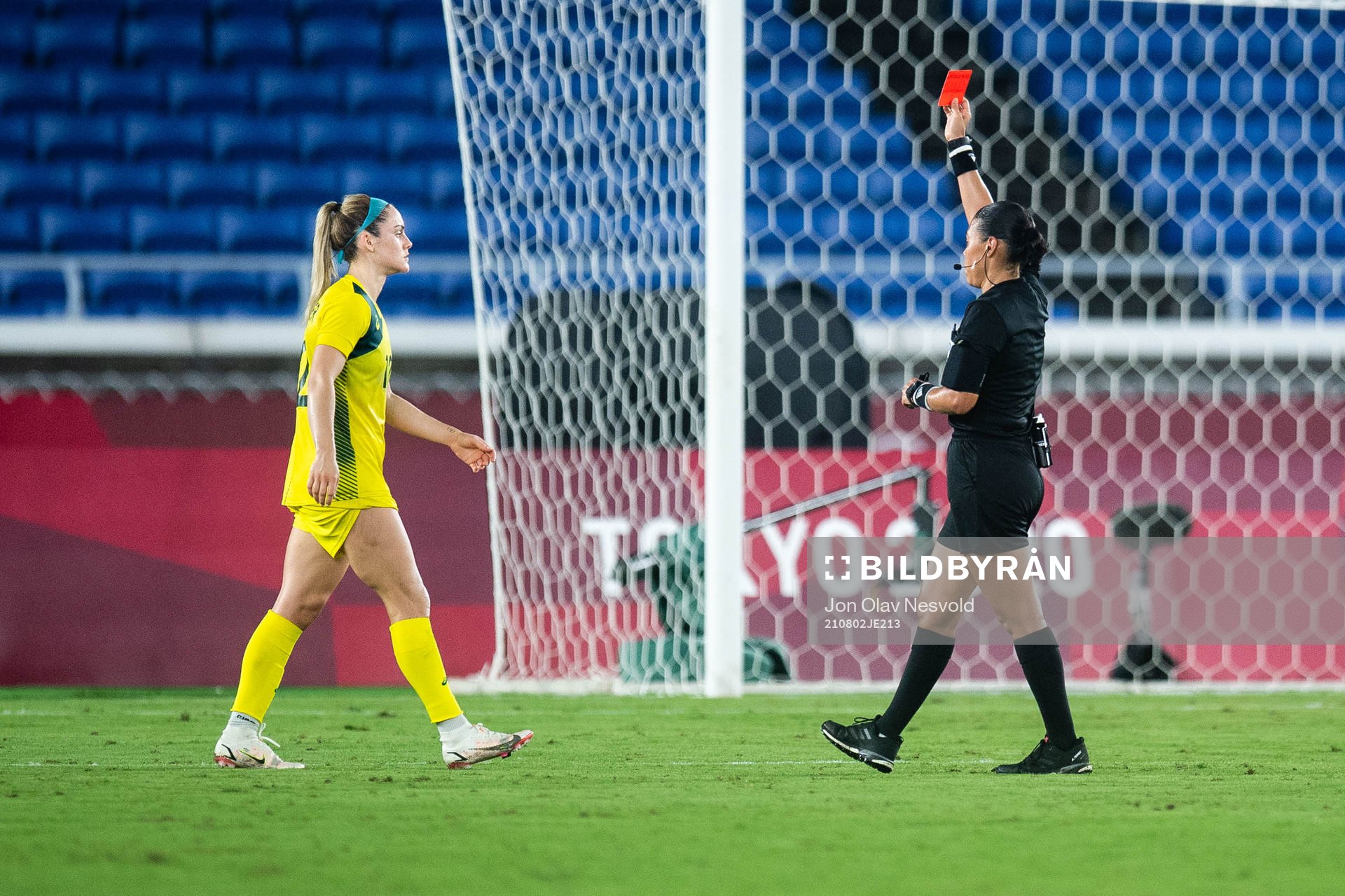 Ellie Carpenter of Australia gets a red card in the