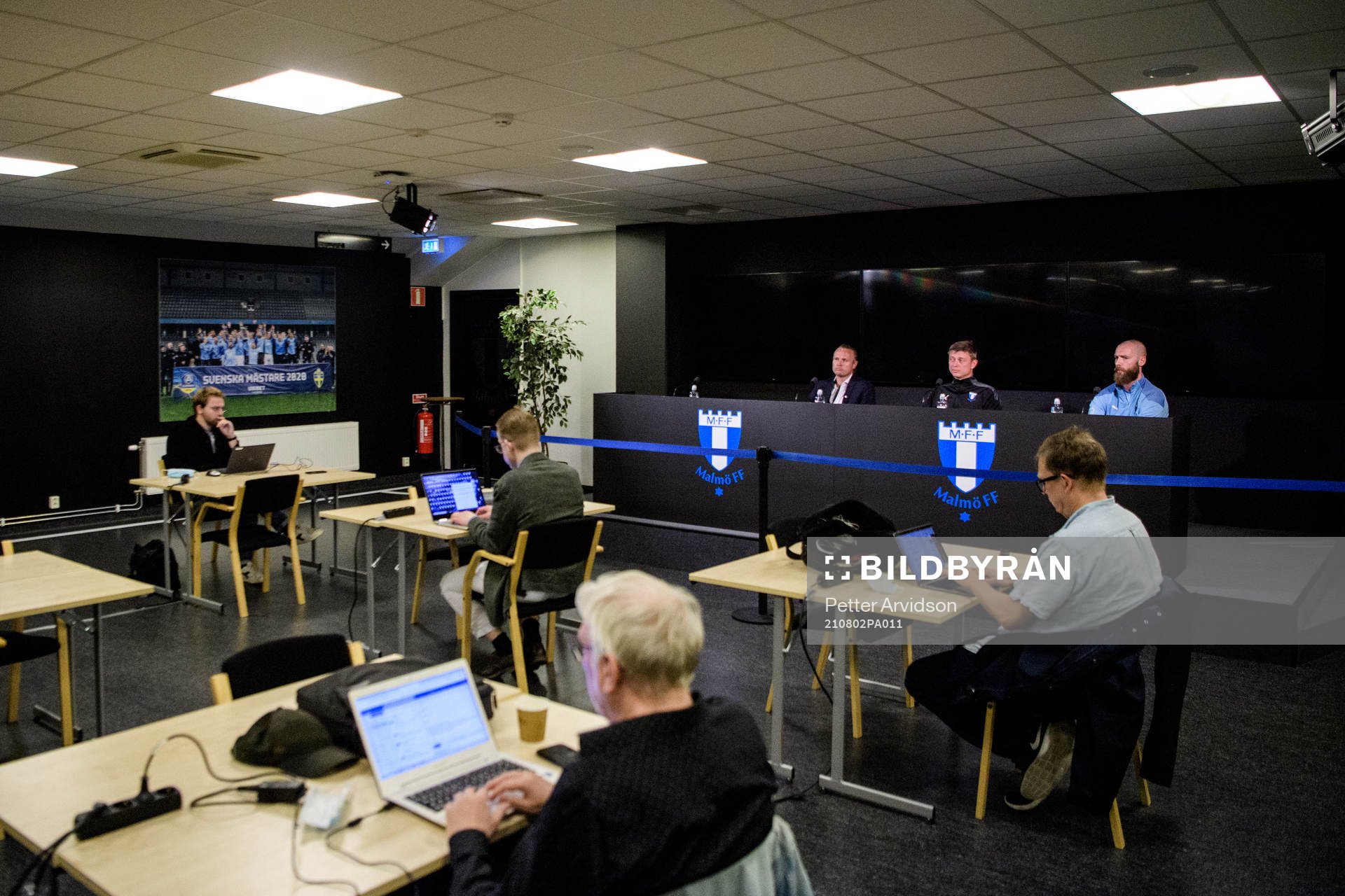 Jon Dahl Tomasson, head coach, and Jo Inge Berget of Malmö FF during a press conference with Malmö FF ahead of the UEFA Champions League qualifying on August 2, 2021 in Malmö.