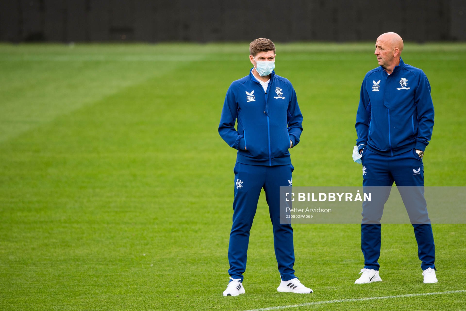 Steven Gerrard, head coach and Gary McAllister assistant coach of Rangers inspect the pitch ahead of the UEFA Champions League qualifying on August 2, 2021 in Malmö.