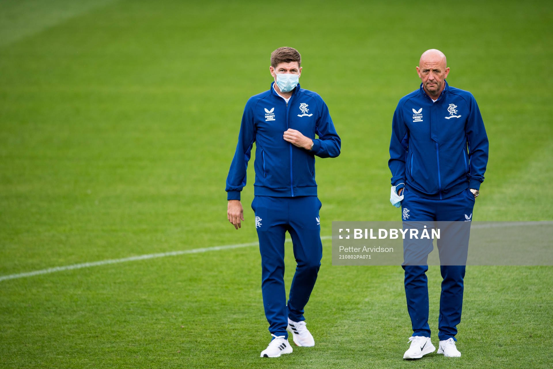 Steven Gerrard, head coach and Gary McAllister assistant coach of Rangers inspect the pitch ahead of the UEFA Champions League qualifying on August 2, 2021 in Malmö.