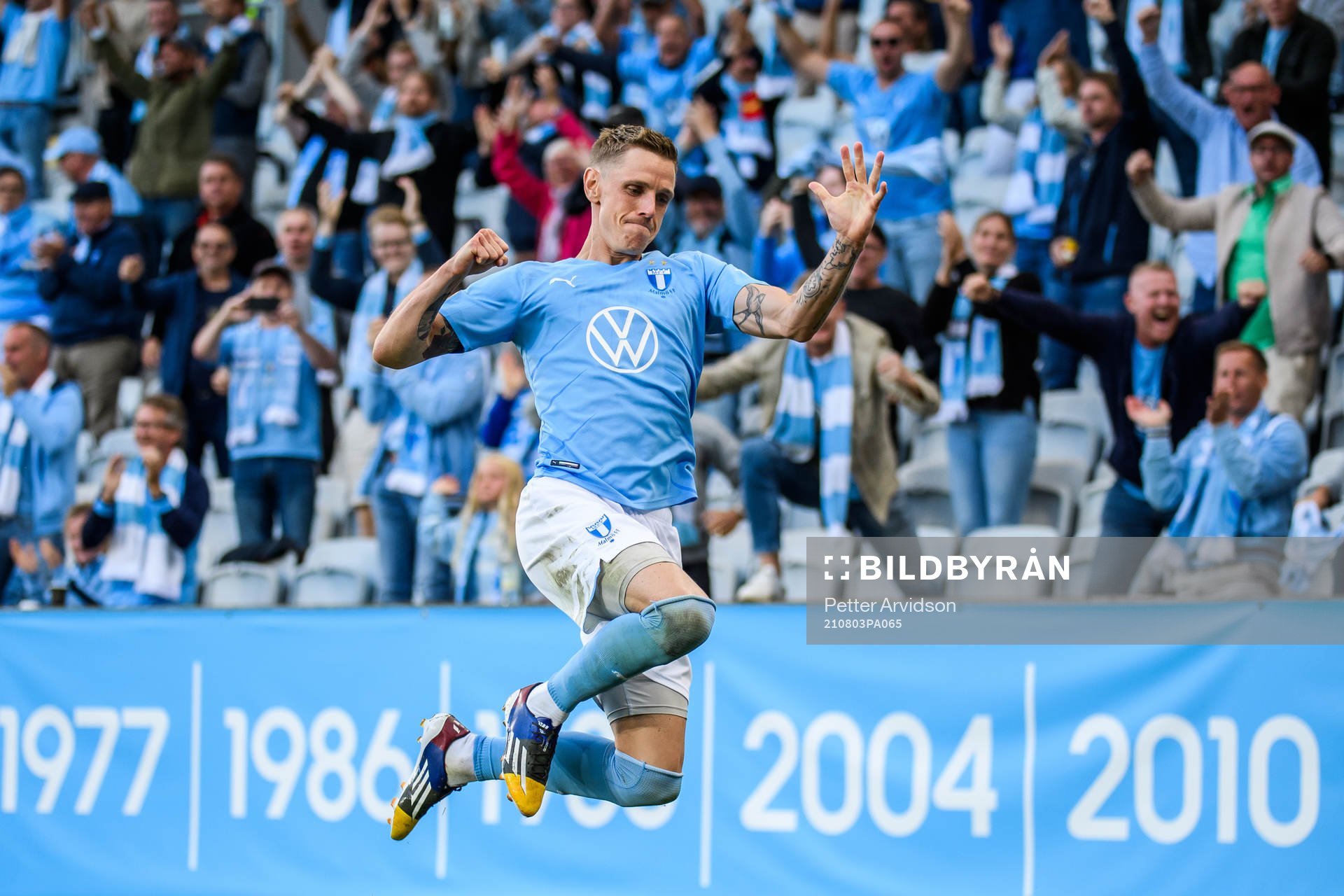 Sören Rieks of Malmö FF celebrates after scoring 1-0 during the UEFA Champions League qualifying match between Malmö FF and Rangers on August 3, 2021 in Malmö.