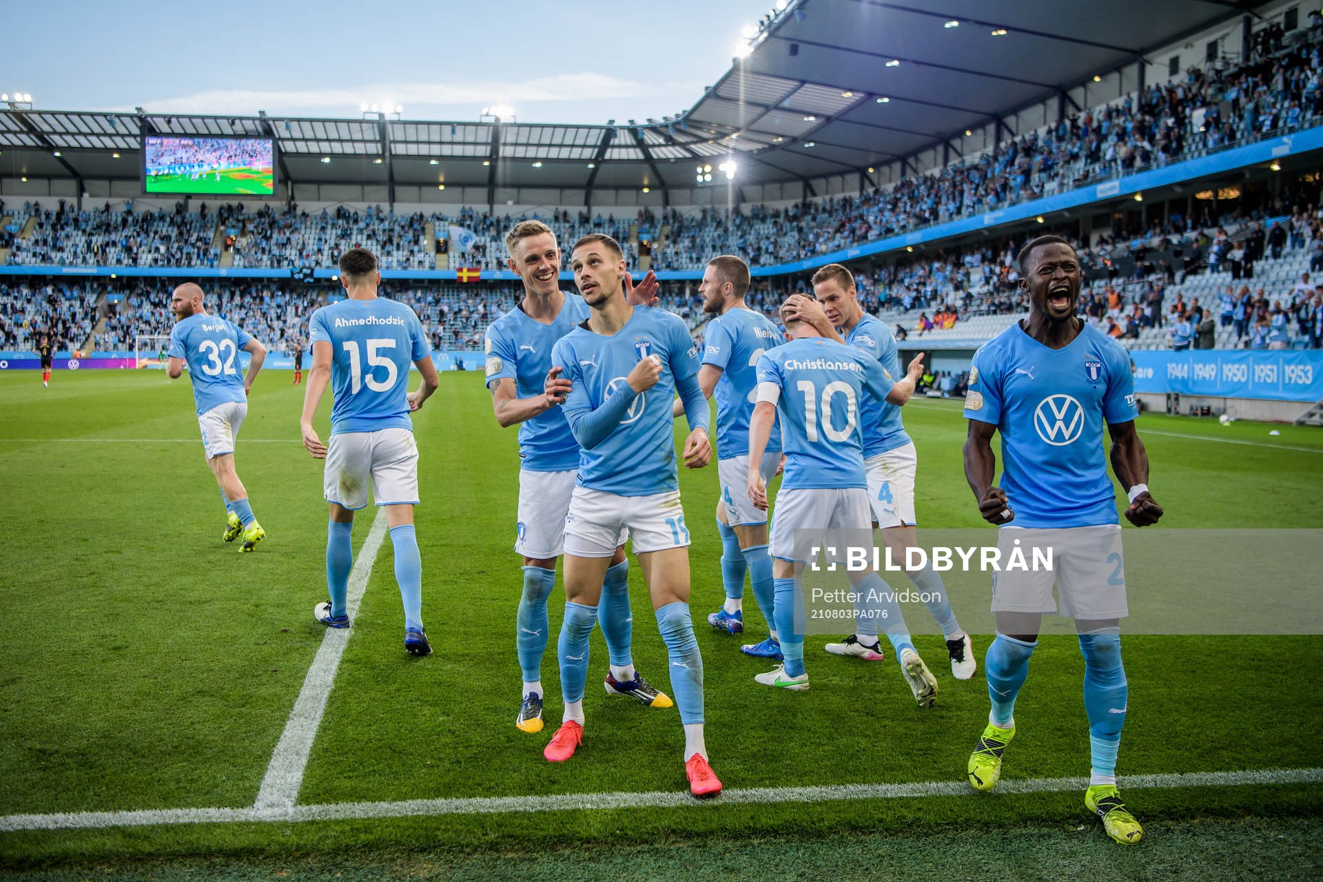 Sören Rieks, Veljko Birmancevic and Bonke Innocent of Malmö FF celebrate after 2-0 during the UEFA Champions League qualifying match between Malmö FF and Rangers on August 3, 2021 in Malmö.