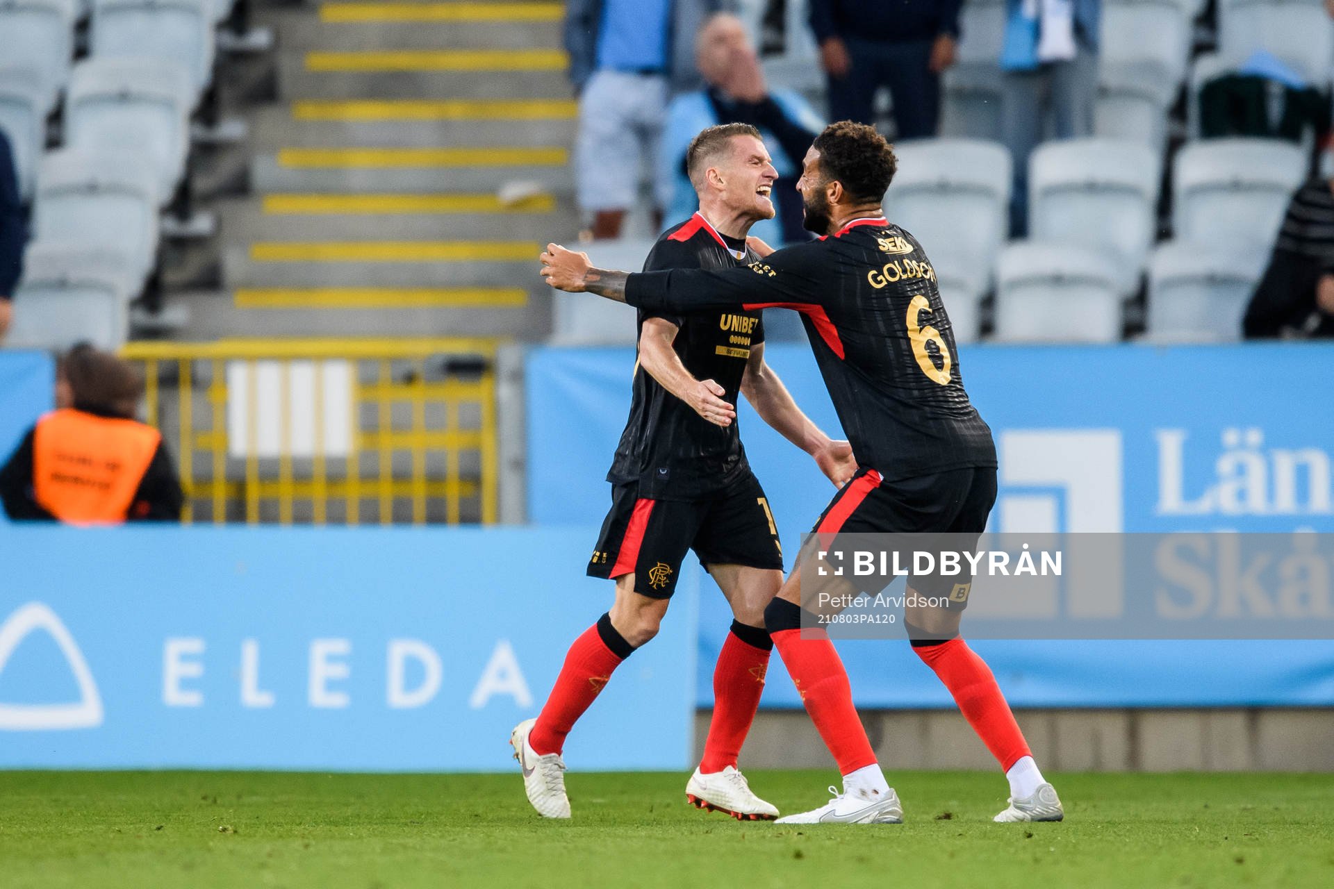 Steven Davis of Rangers celebrates after scoring 2-1 during the UEFA Champions League qualifying match between Malmö FF and Rangers on August 3, 2021 in Malmö.
